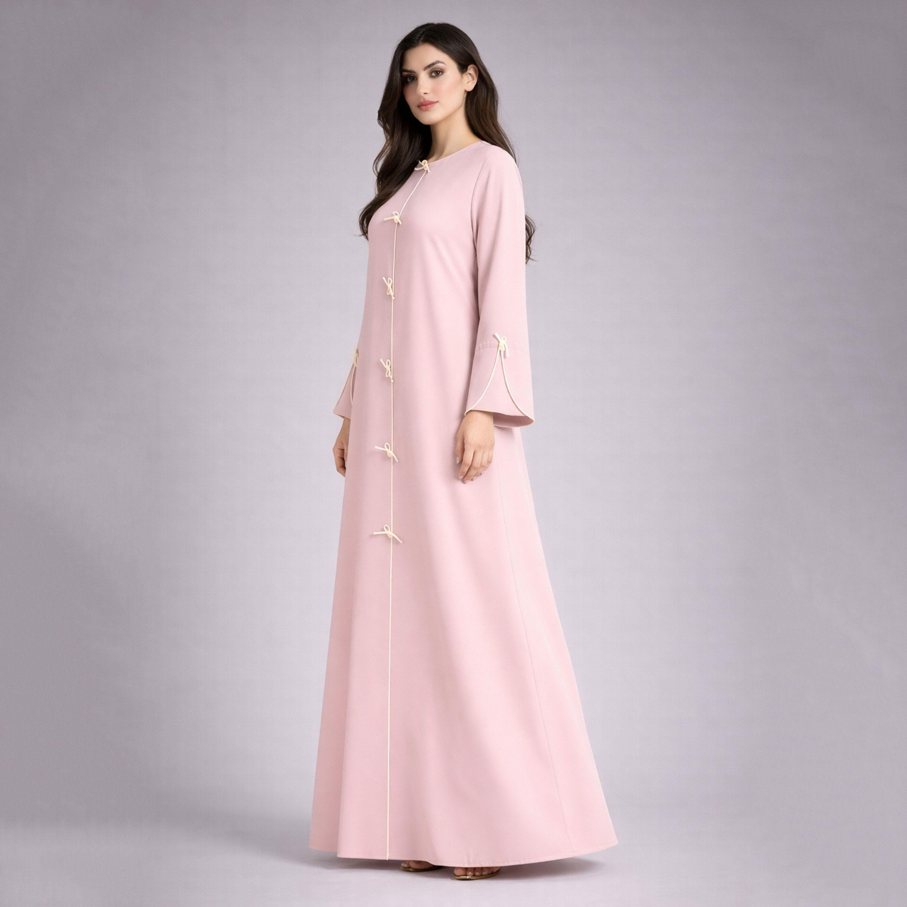Msquare Fashion Contrast Piping and Tie Knot Detailed Nida Women's Abaya-women-arabicclothing-abayas-image-3