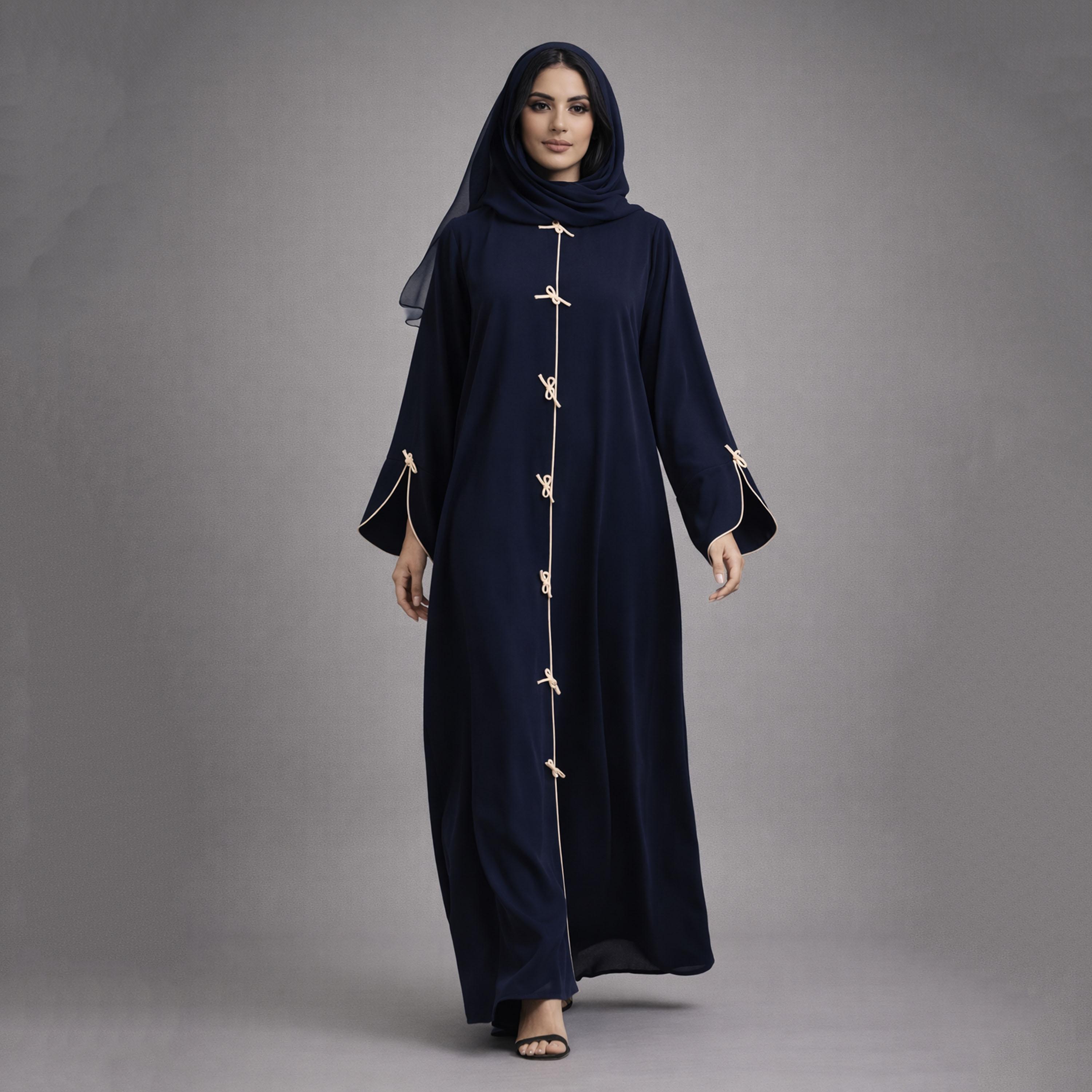 عباية نسائية من قماش "ندا" بتفاصيل خياطة متباينة وعقدة ربط مع طرحة من إم سكوير فاشن-women-arabicclothing-abayas-image-1