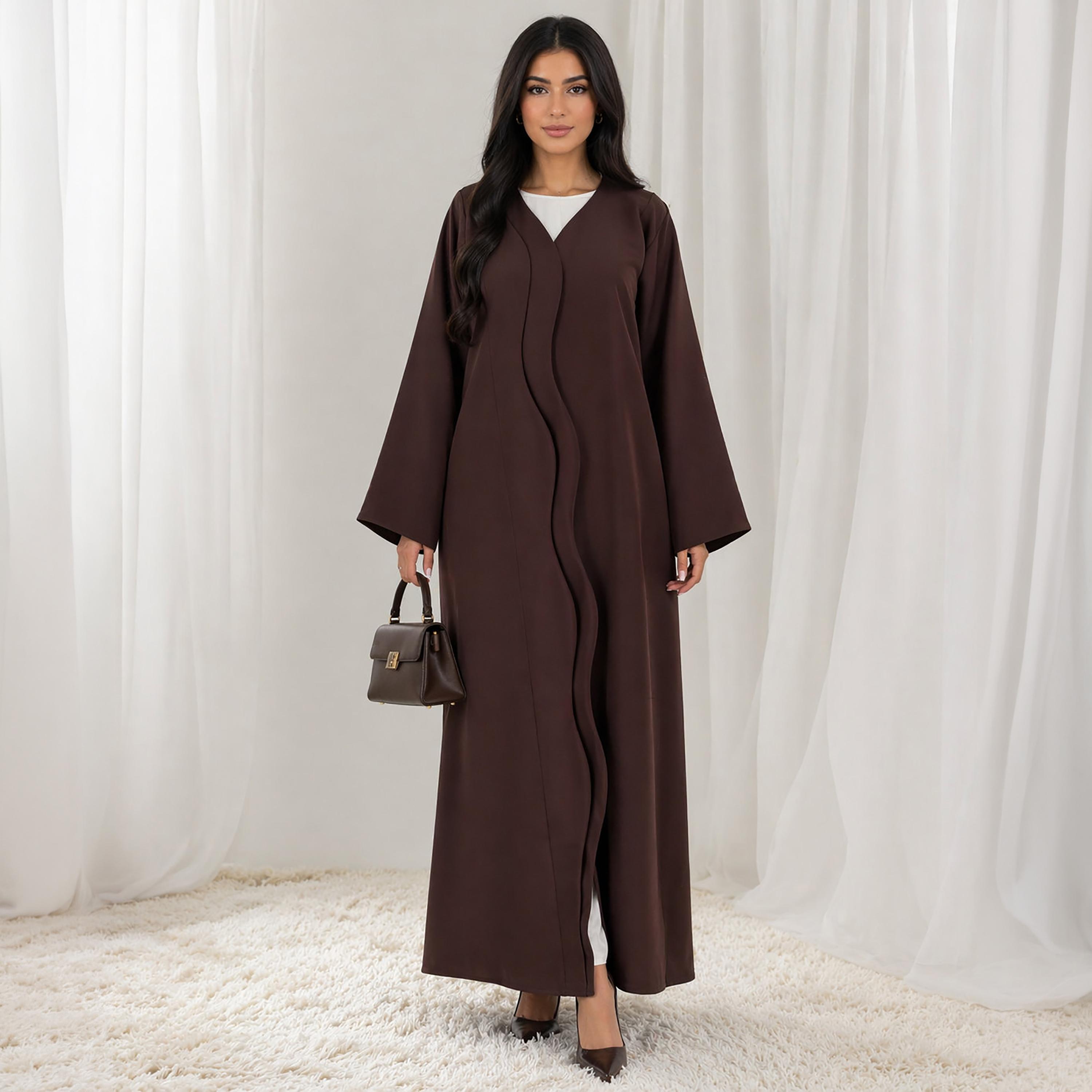 Msquare Fashion Brown Wavy Pattern Bridal Satin Women's Abaya-women-arabicclothing-abayas-image-1