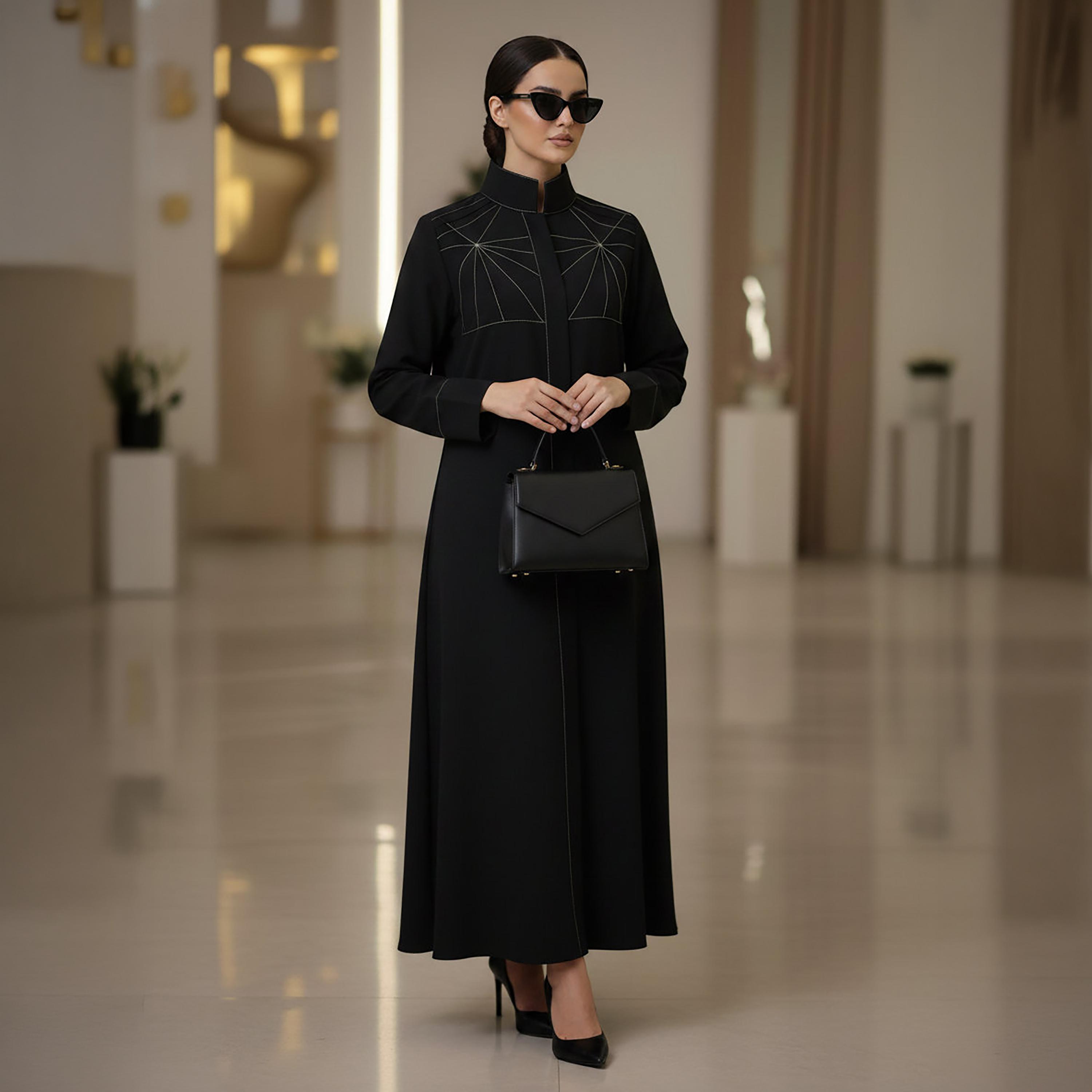 عباءة رسمية "كوبرا كريب" بياقة ماندارين وتطريز غرز متباينة للنساء من إم سكوير فاشن-women-arabicclothing-abayas-image-1