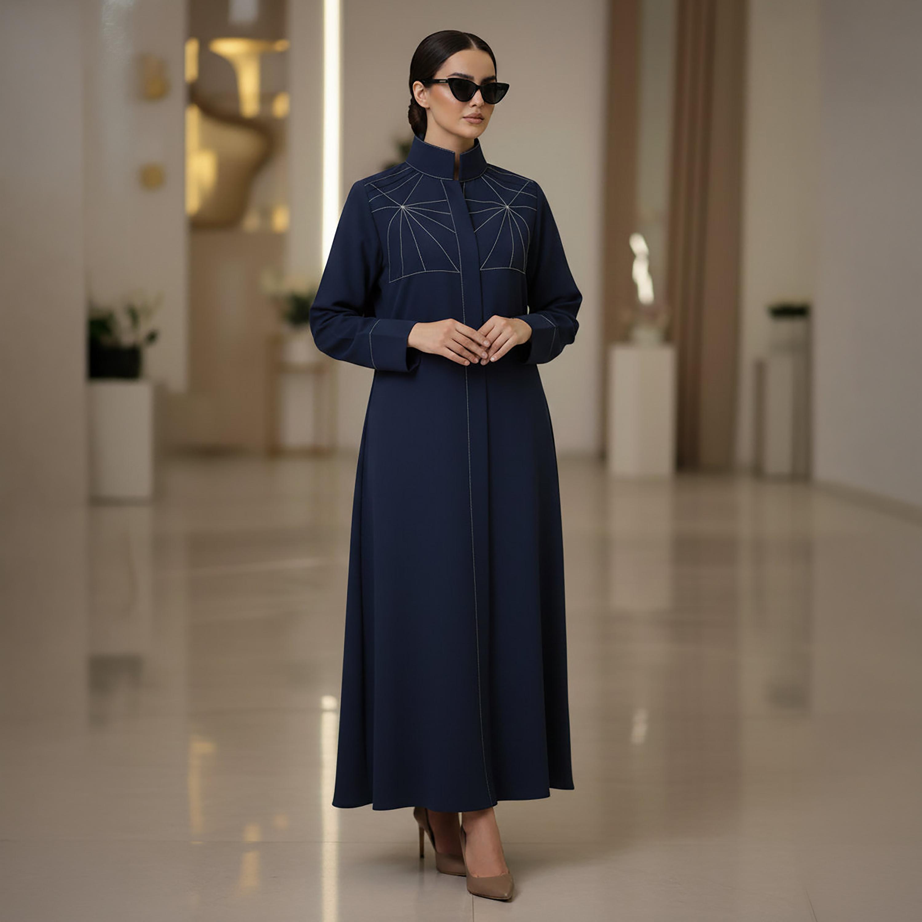 Msquare Fashion Contrast Stitched Mandarin Collar Cobra Crepe Women's Formal Abaya-women-arabicclothing-abayas-image-1