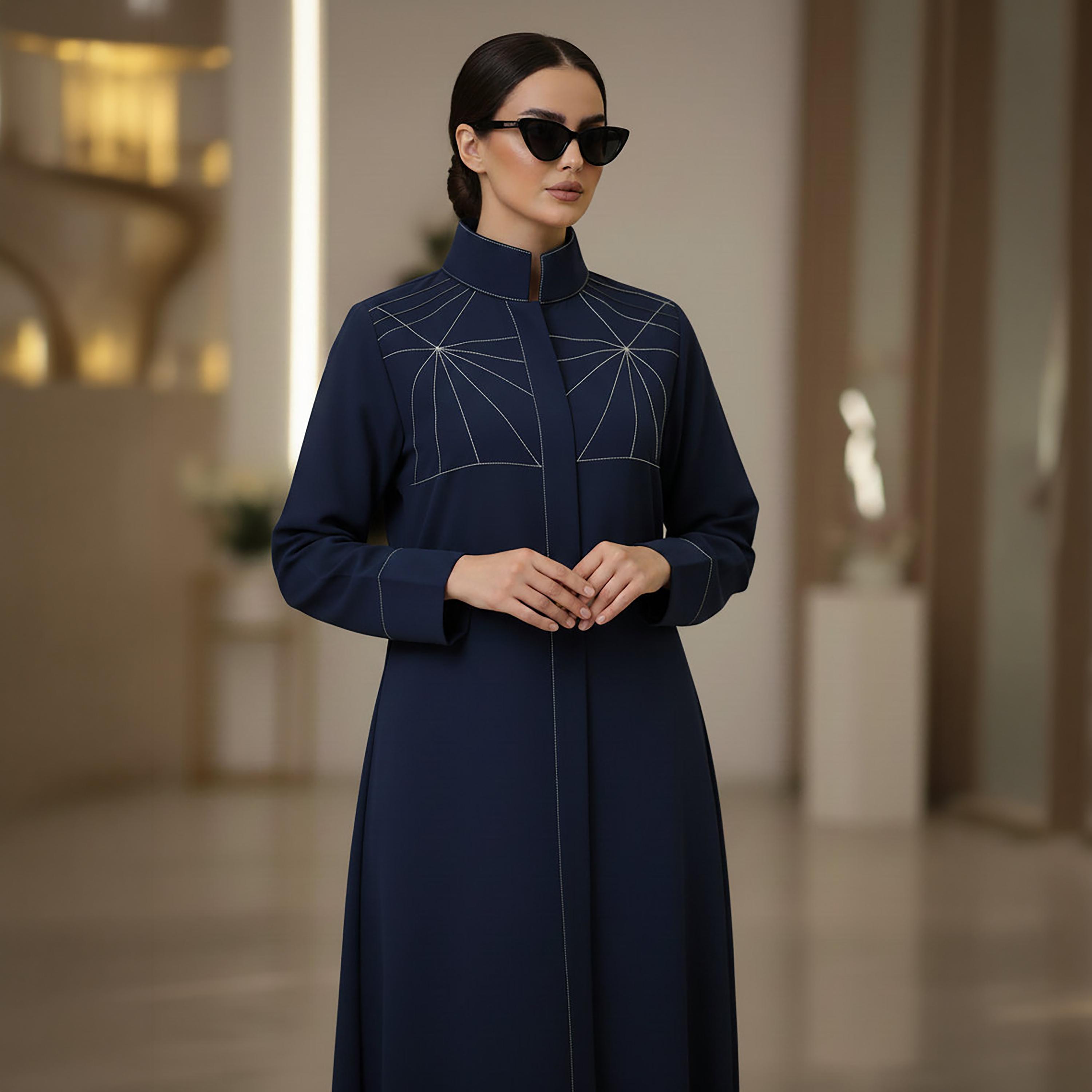 Msquare Fashion Contrast Stitched Mandarin Collar Cobra Crepe Women's Formal Abaya-women-arabicclothing-abayas-image-2