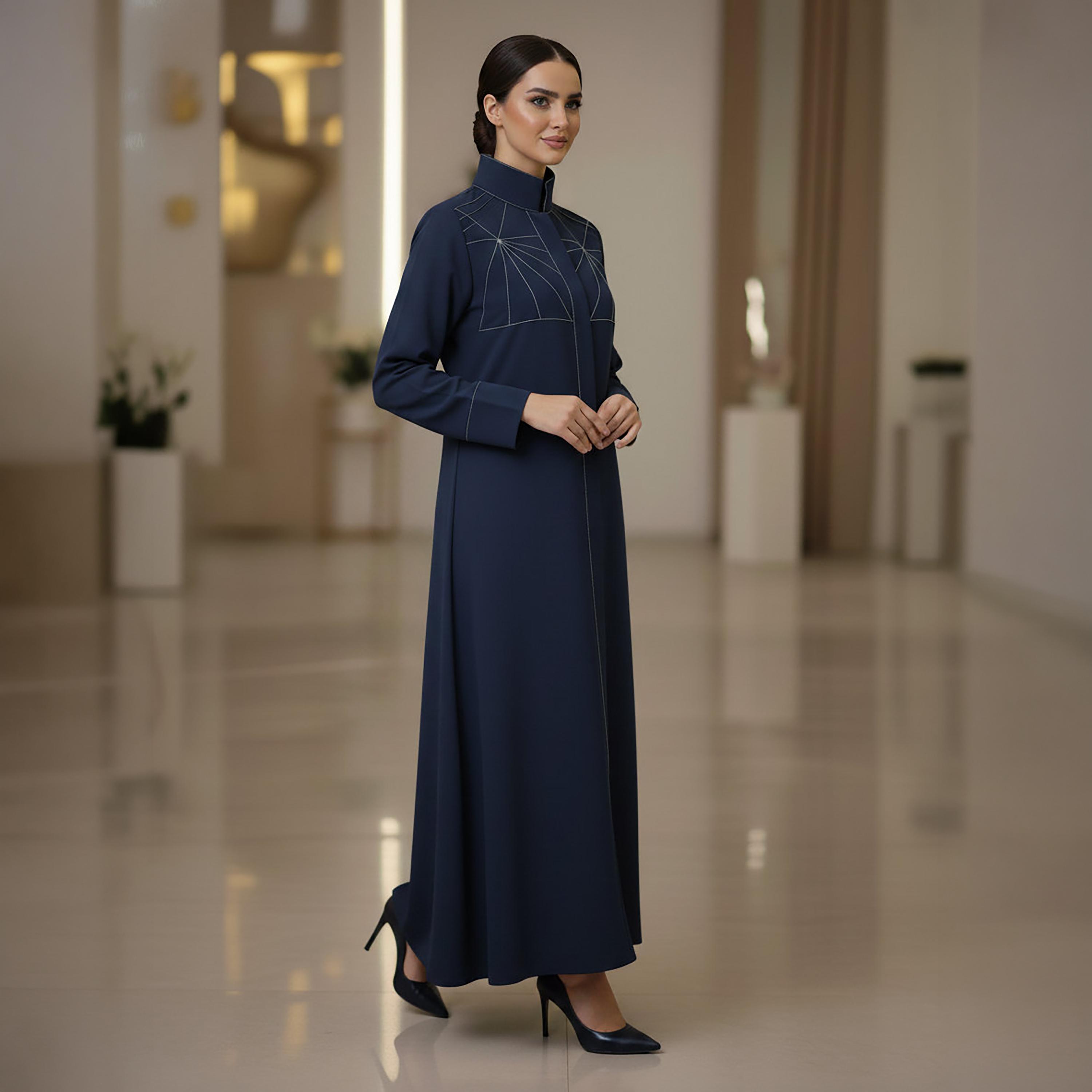 Msquare Fashion Contrast Stitched Mandarin Collar Cobra Crepe Women's Formal Abaya-women-arabicclothing-abayas-image-3