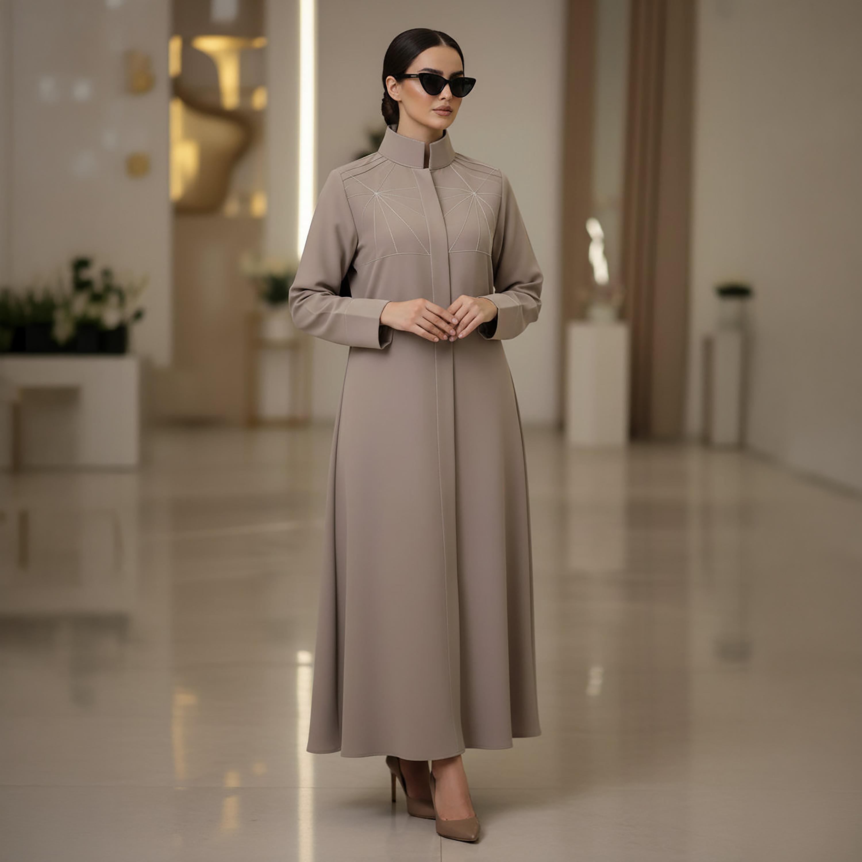 Msquare Fashion Contrast Stitched Mandarin Collar Cobra Crepe Women's Formal Abaya-women-arabicclothing-abayas-image-1