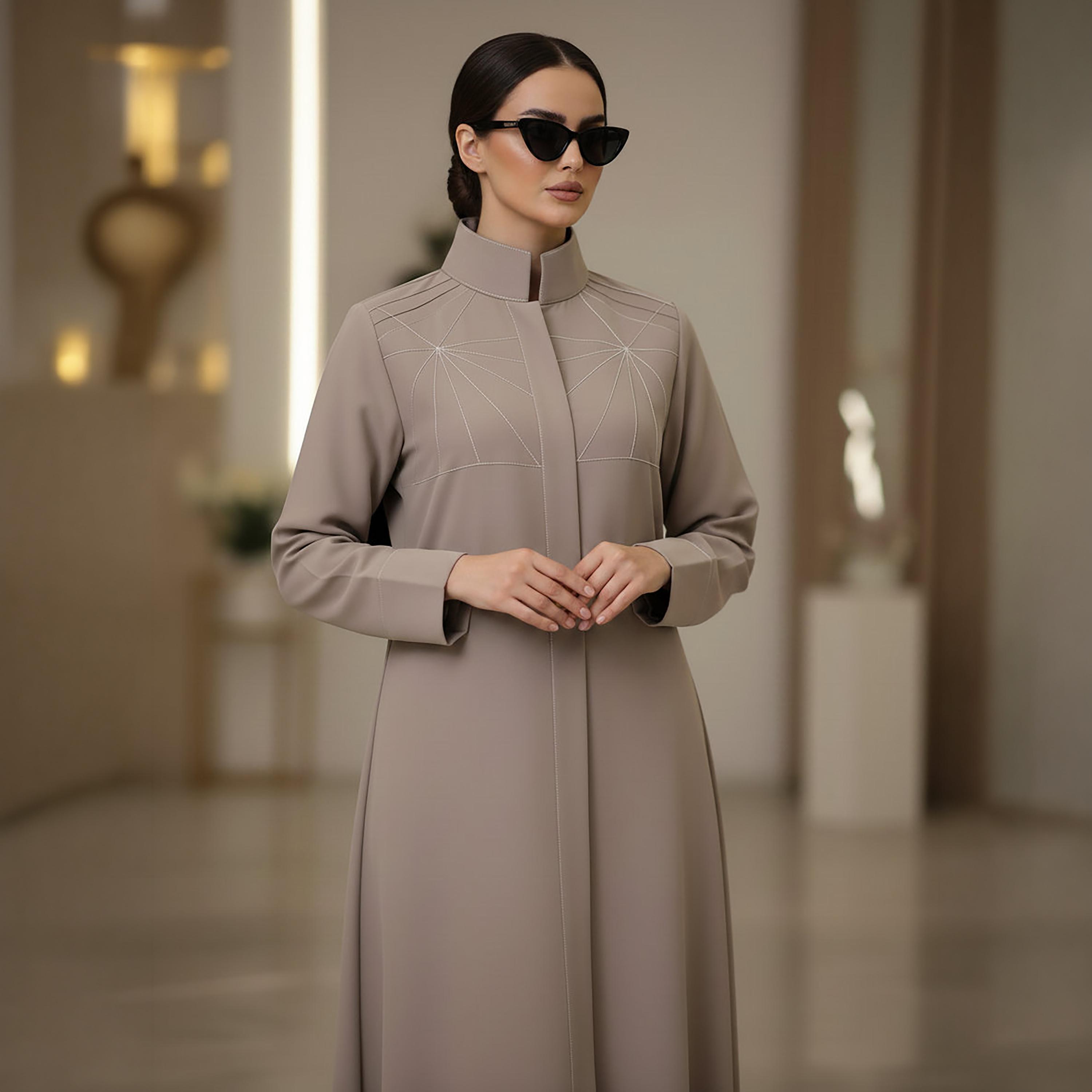 Msquare Fashion Contrast Stitched Mandarin Collar Cobra Crepe Women's Formal Abaya-women-arabicclothing-abayas-image-2
