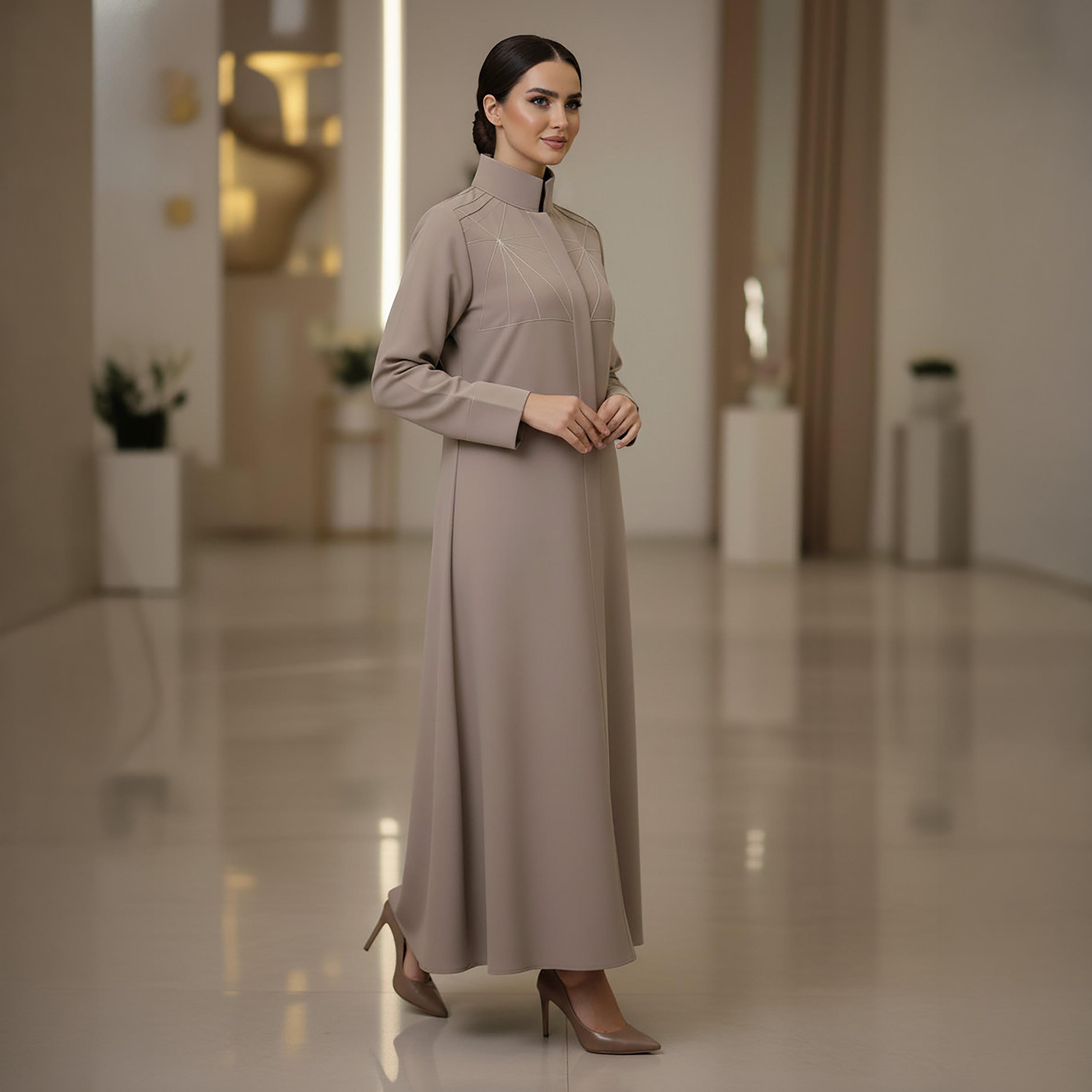 Msquare Fashion Contrast Stitched Mandarin Collar Cobra Crepe Women's Formal Abaya-women-arabicclothing-abayas-image-3