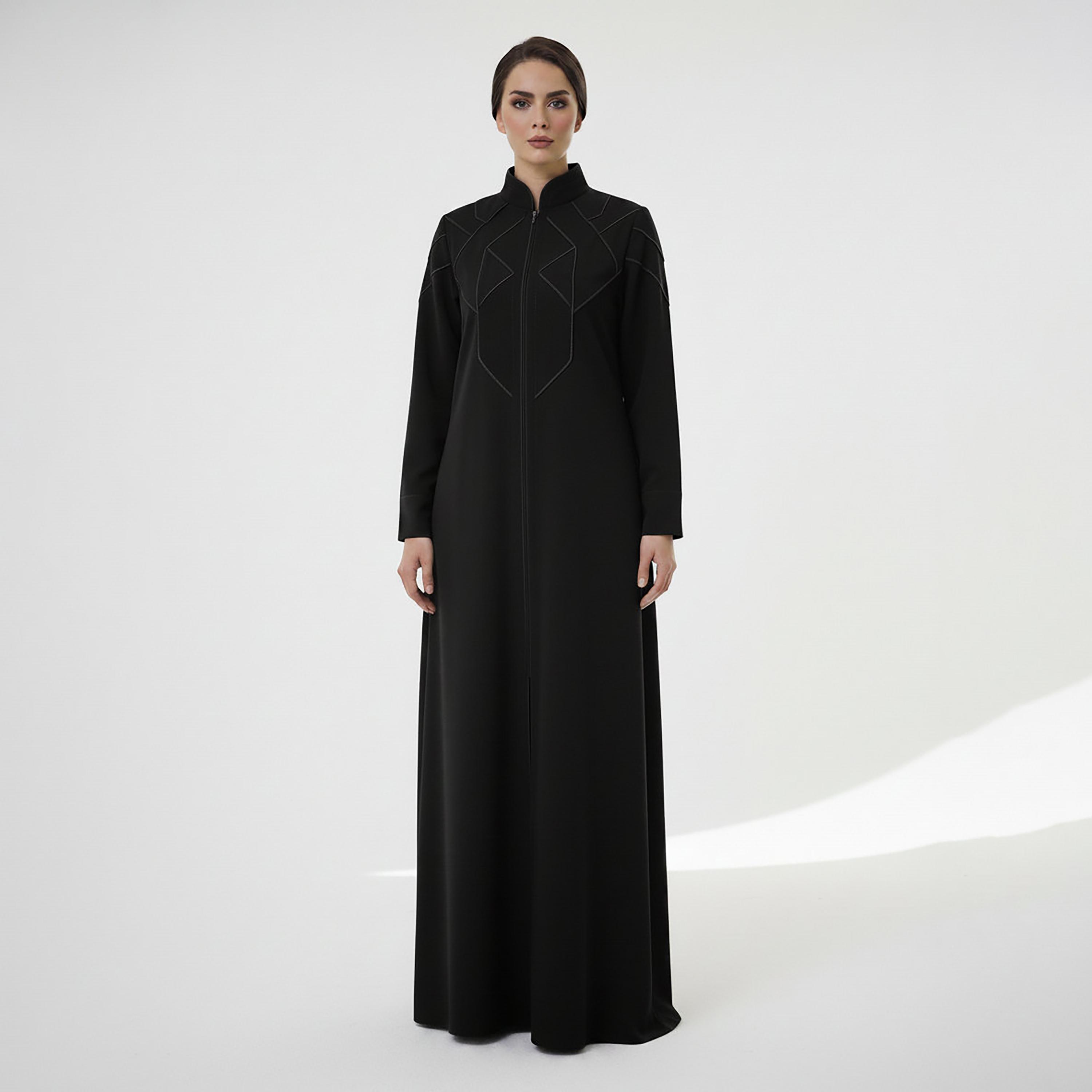 Msquare Fashion Contrast Stitched Mandarin Collar Cobra Crepe Women's Abaya-women-arabicclothing-abayas-image-1