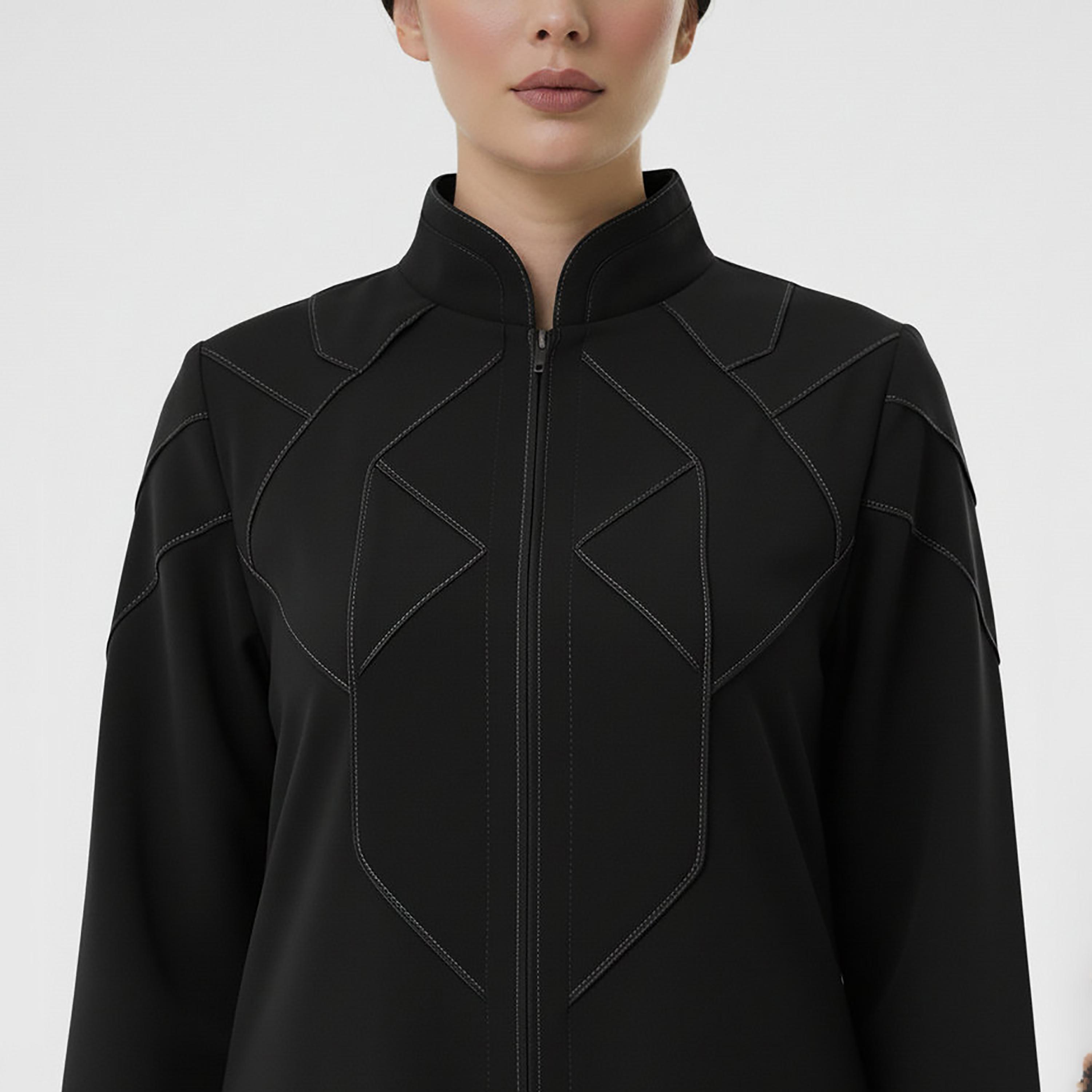 Msquare Fashion Contrast Stitched Mandarin Collar Cobra Crepe Women's Abaya-women-arabicclothing-abayas-image-2