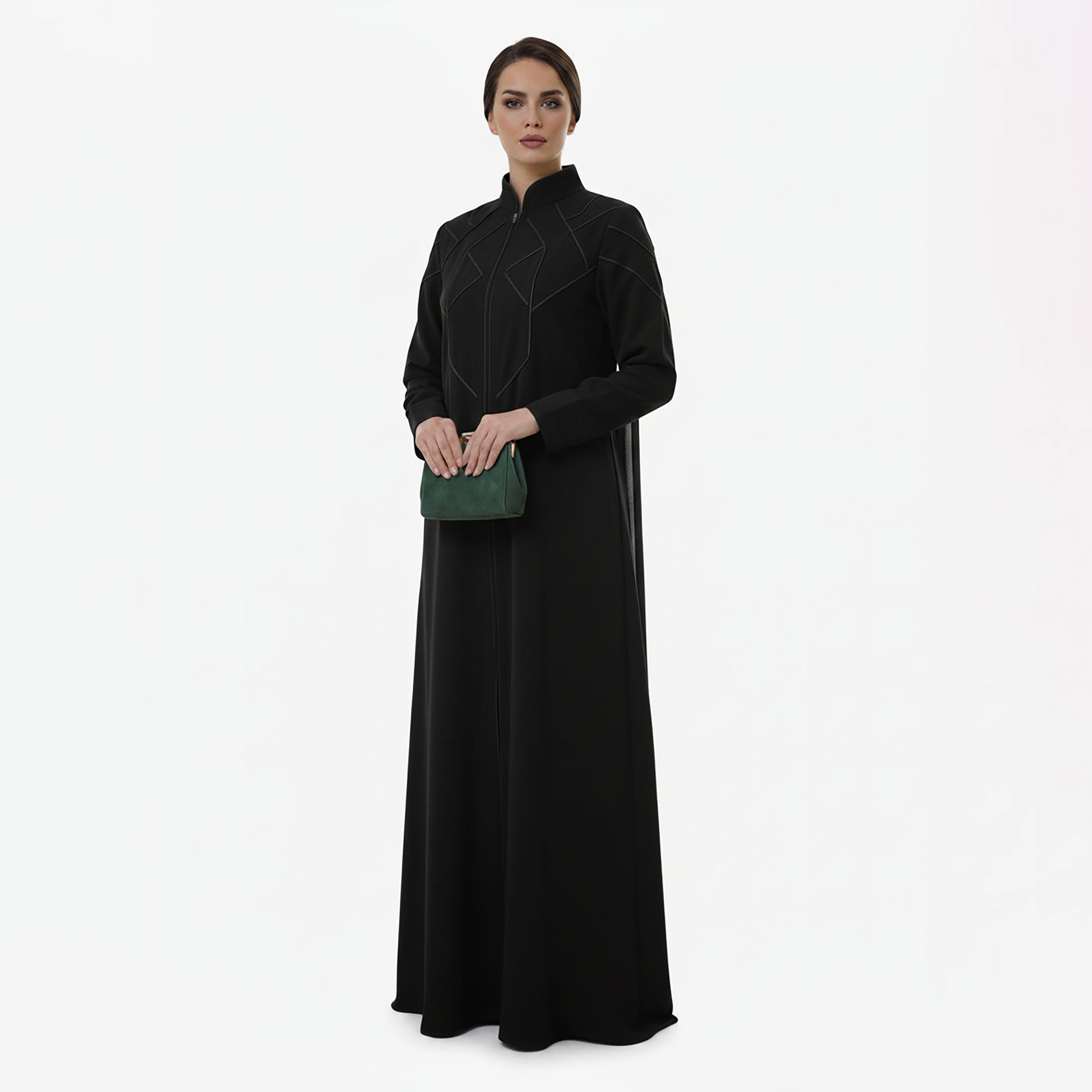 Msquare Fashion Contrast Stitched Mandarin Collar Cobra Crepe Women's Abaya-women-arabicclothing-abayas-image-3