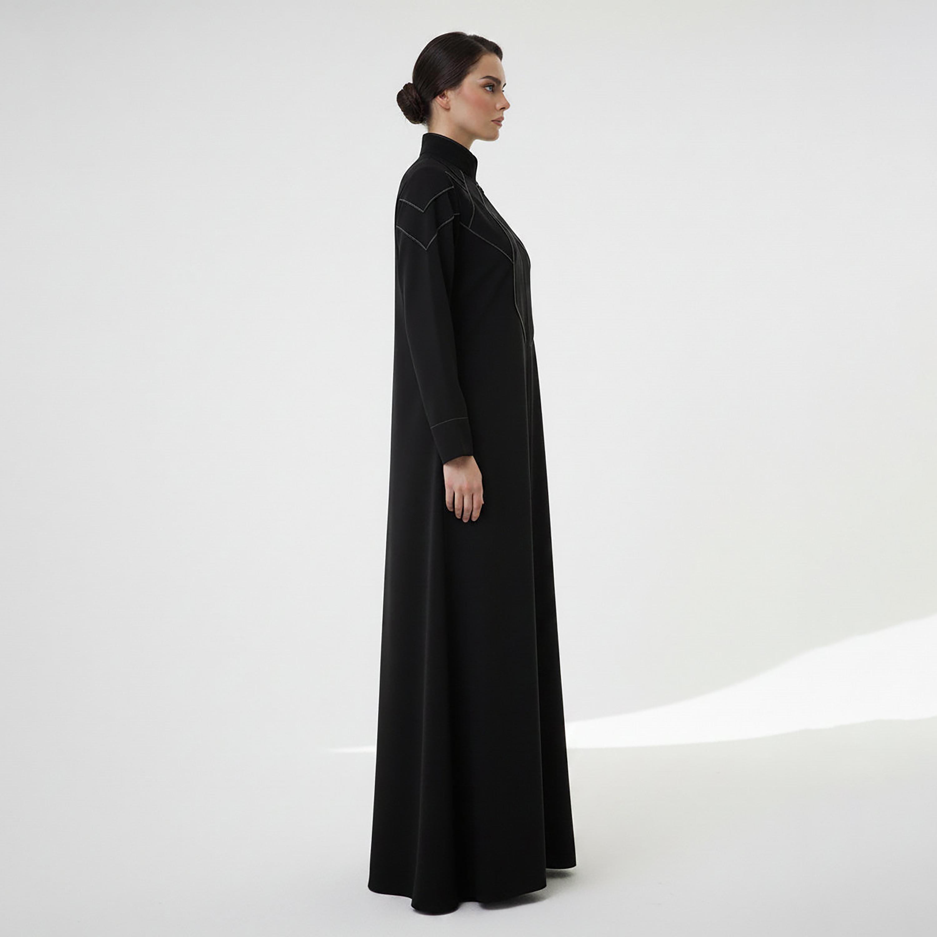 Msquare Fashion Contrast Stitched Mandarin Collar Cobra Crepe Women's Abaya-women-arabicclothing-abayas-image-4