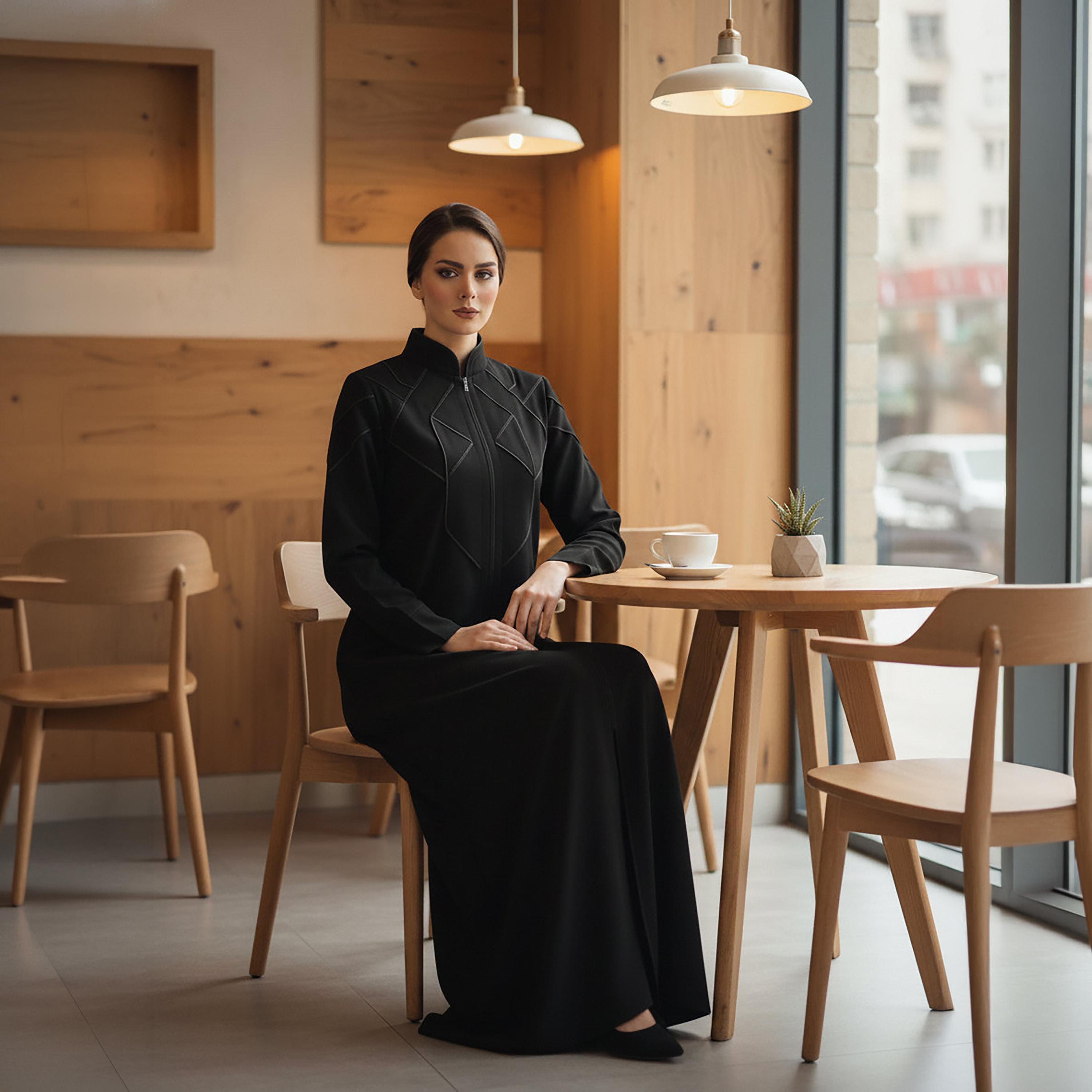 Msquare Fashion Contrast Stitched Mandarin Collar Cobra Crepe Women's Abaya-women-arabicclothing-abayas-image-5
