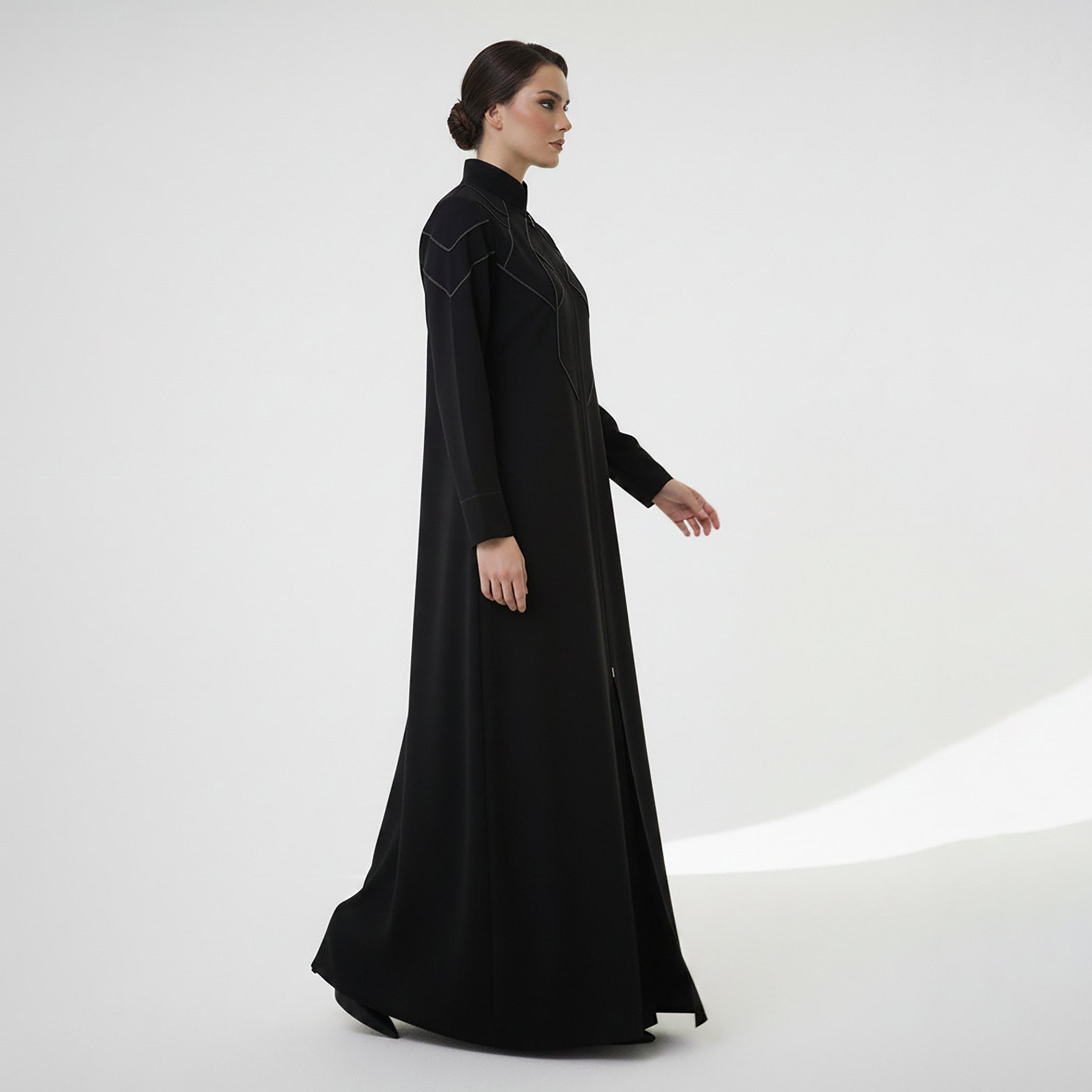 Msquare Fashion Contrast Stitched Mandarin Collar Cobra Crepe Women's Abaya-women-arabicclothing-abayas-image-6