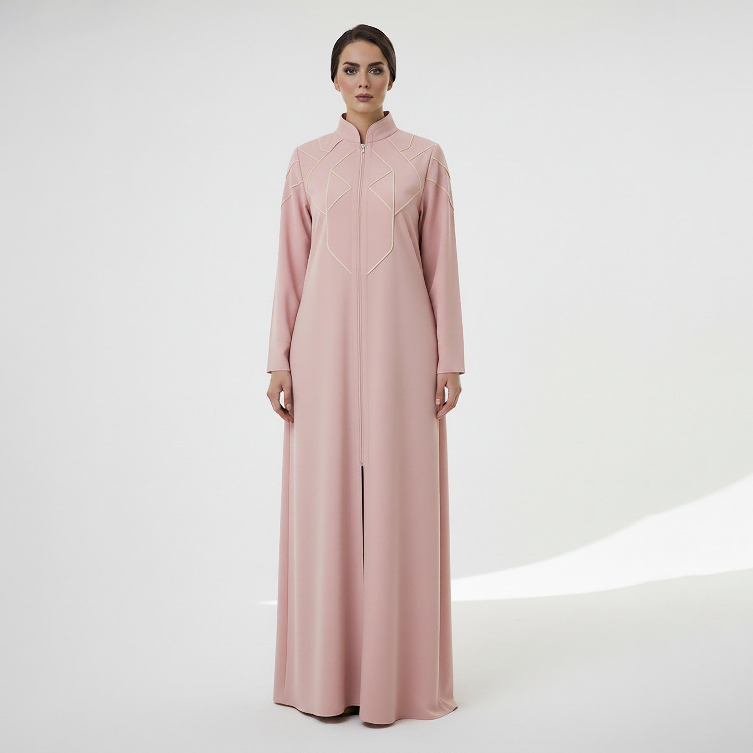 Msquare Fashion Contrast Stitched Mandarin Collar Cobra Crepe Women's Abaya-women-arabicclothing-abayas-image-1