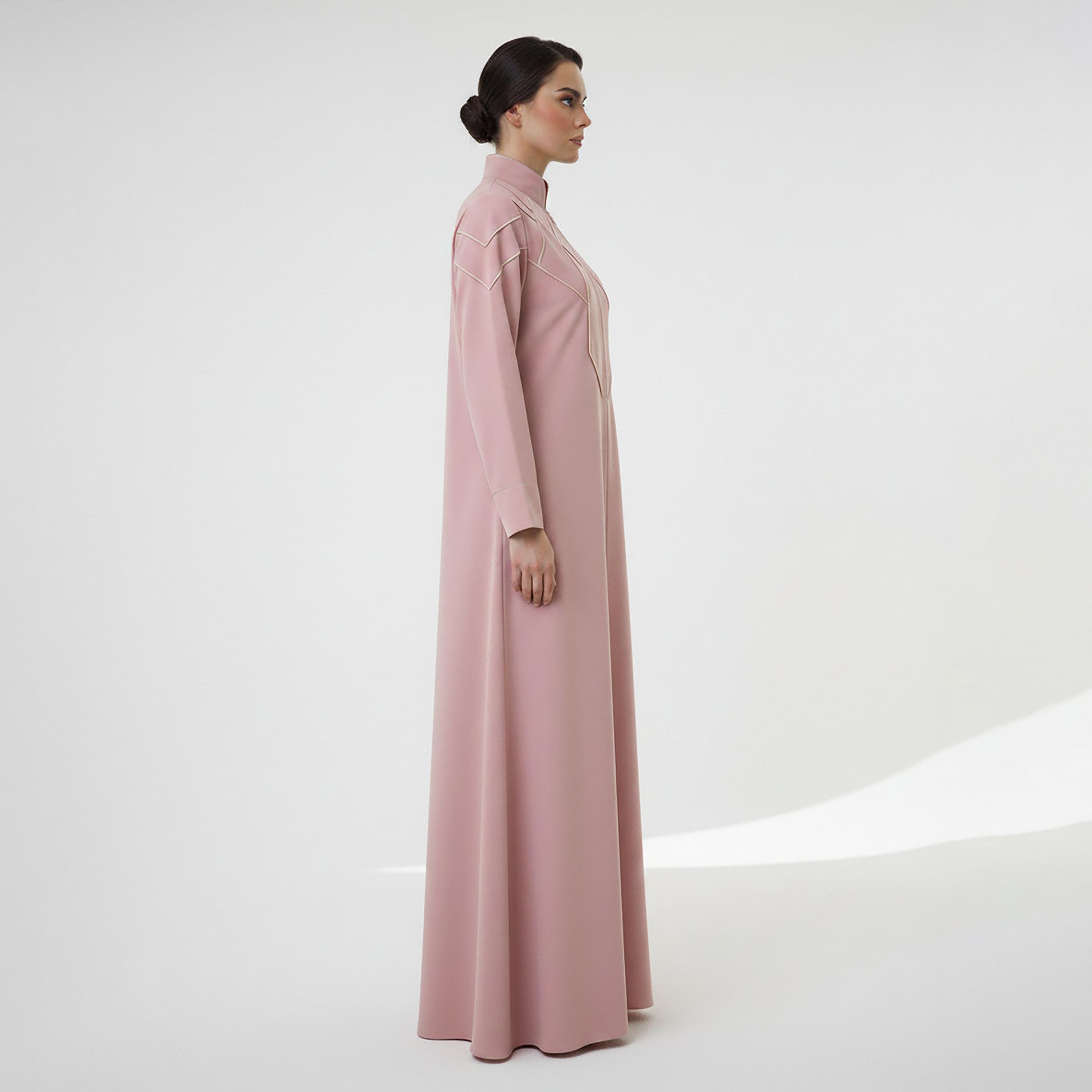 Msquare Fashion Contrast Stitched Mandarin Collar Cobra Crepe Women's Abaya-women-arabicclothing-abayas-image-3