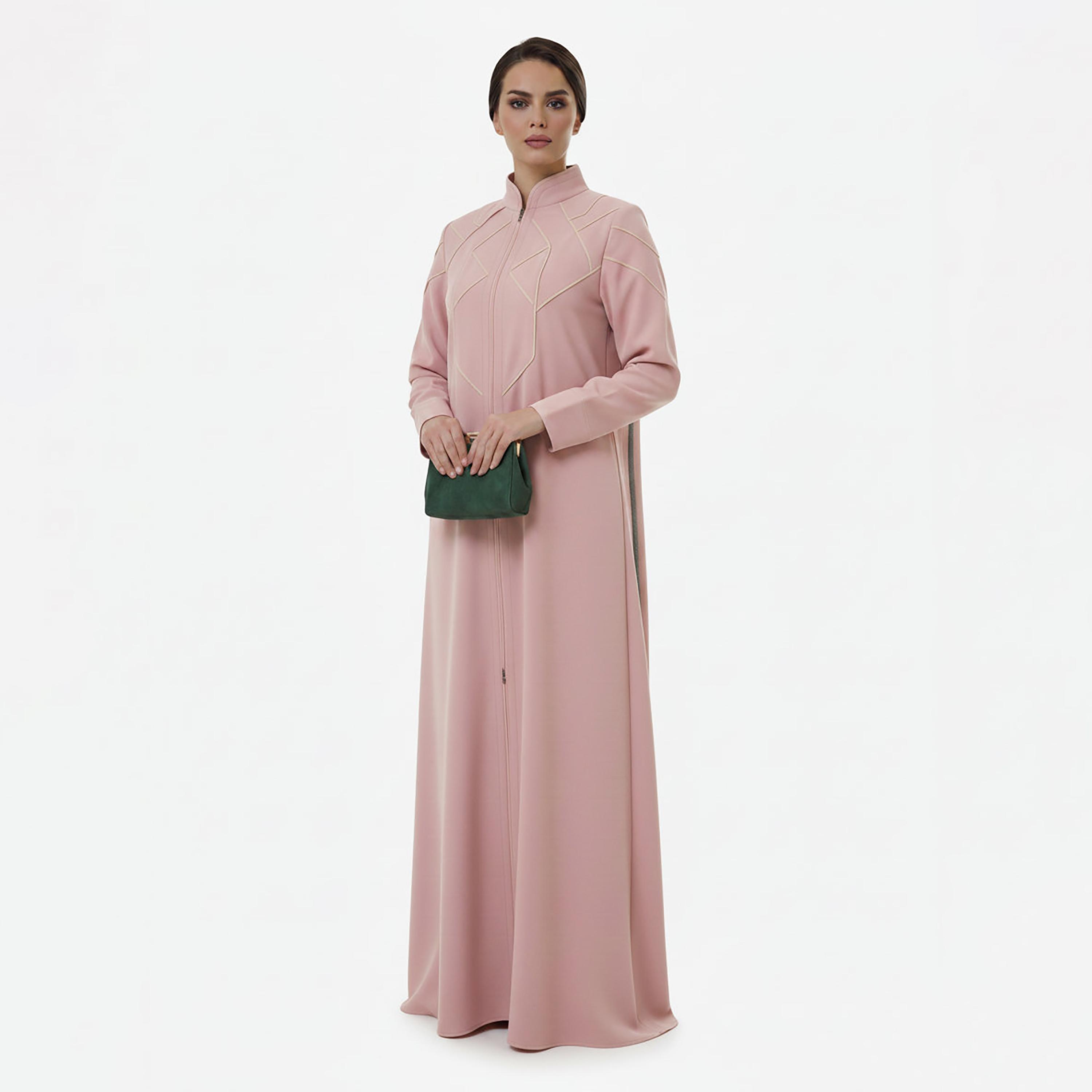 Msquare Fashion Contrast Stitched Mandarin Collar Cobra Crepe Women's Abaya-women-arabicclothing-abayas-image-4