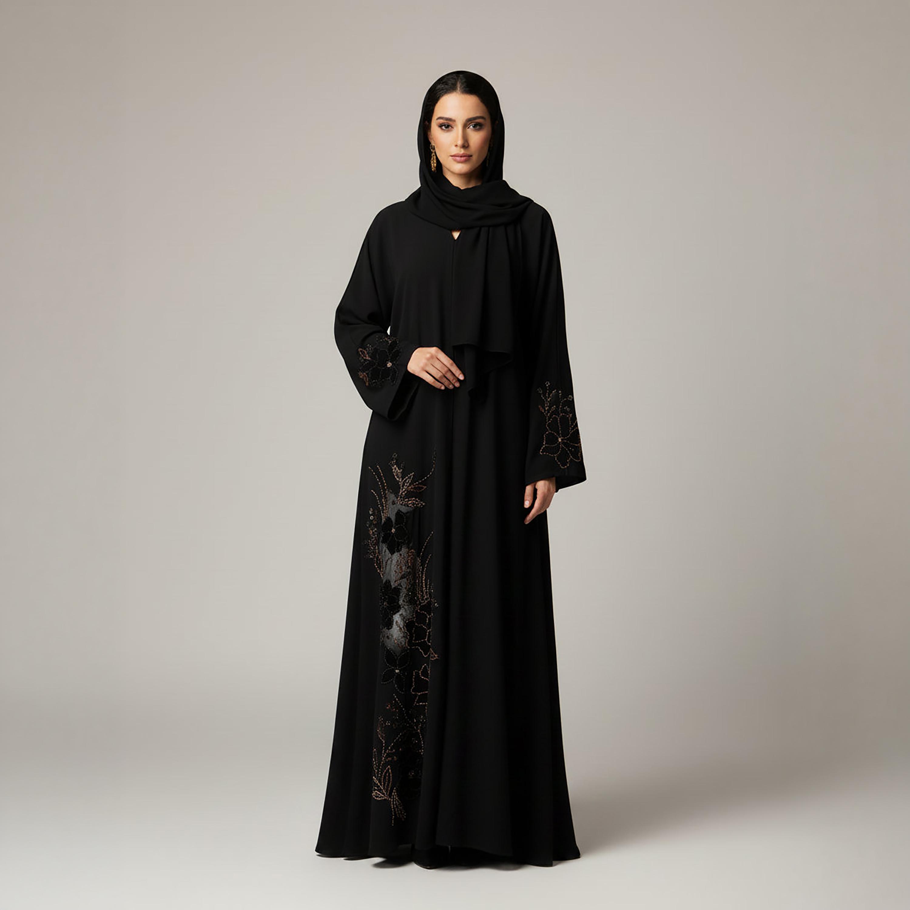 Msquare Fashion Black Handwork Floral Embroidered Flared Sleeves Nida Women's Abaya with Hijab-women-arabicclothing-abayas-image-1