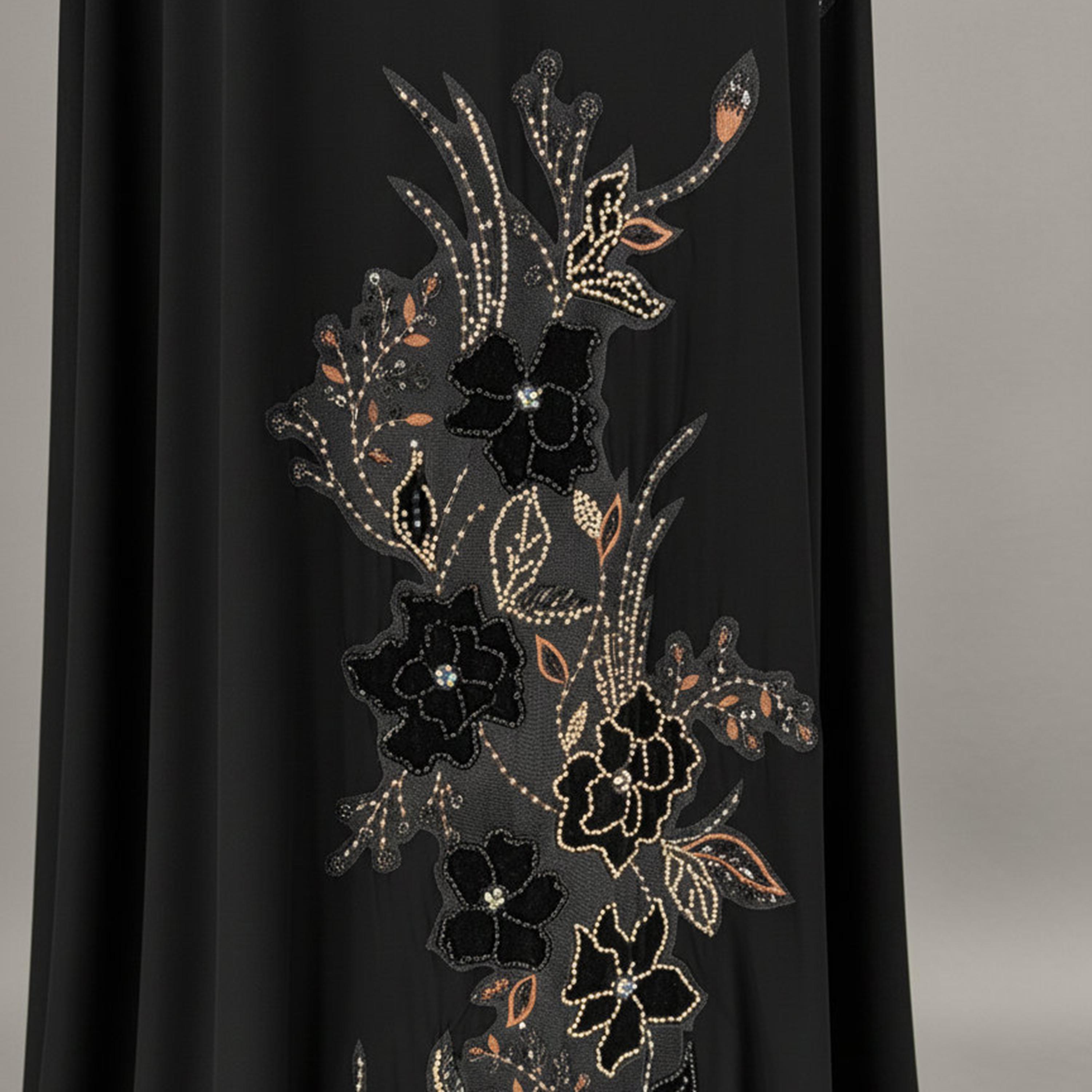 Msquare Fashion Black Handwork Floral Embroidered Flared Sleeves Nida Women's Abaya with Hijab-women-arabicclothing-abayas-image-2