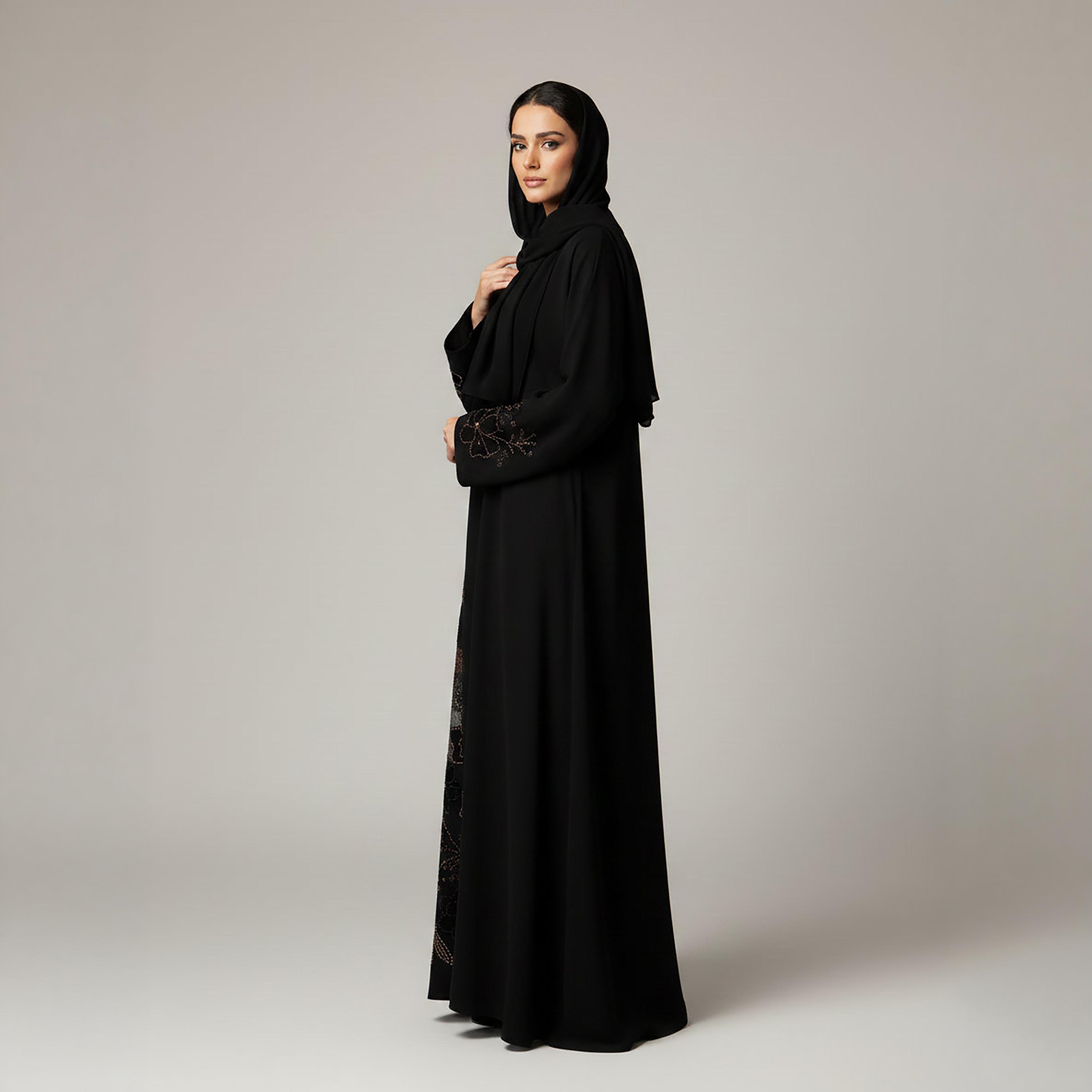 Msquare Fashion Black Handwork Floral Embroidered Flared Sleeves Nida Women's Abaya with Hijab-women-arabicclothing-abayas-image-3