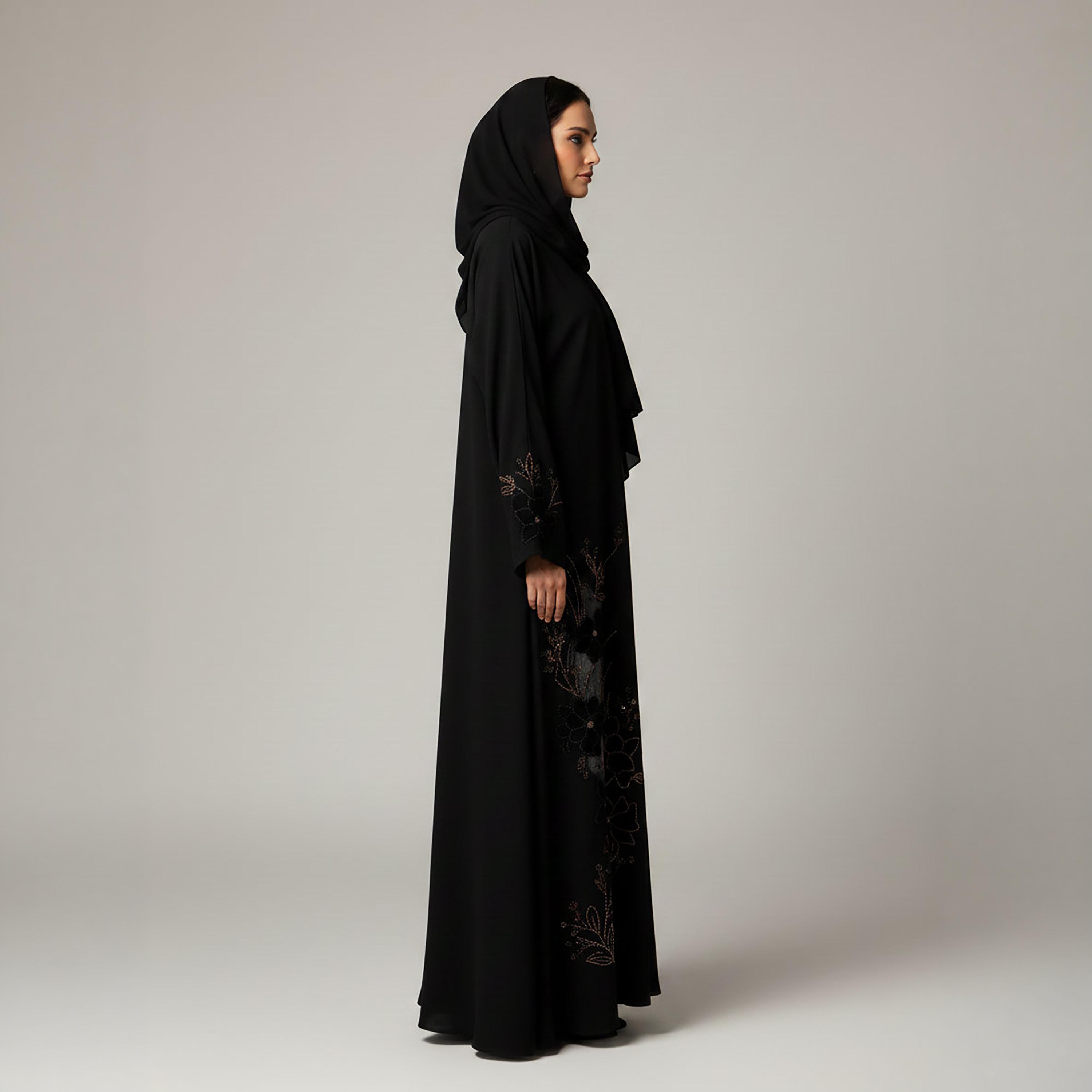 Msquare Fashion Black Handwork Floral Embroidered Flared Sleeves Nida Women's Abaya with Hijab-women-arabicclothing-abayas-image-4