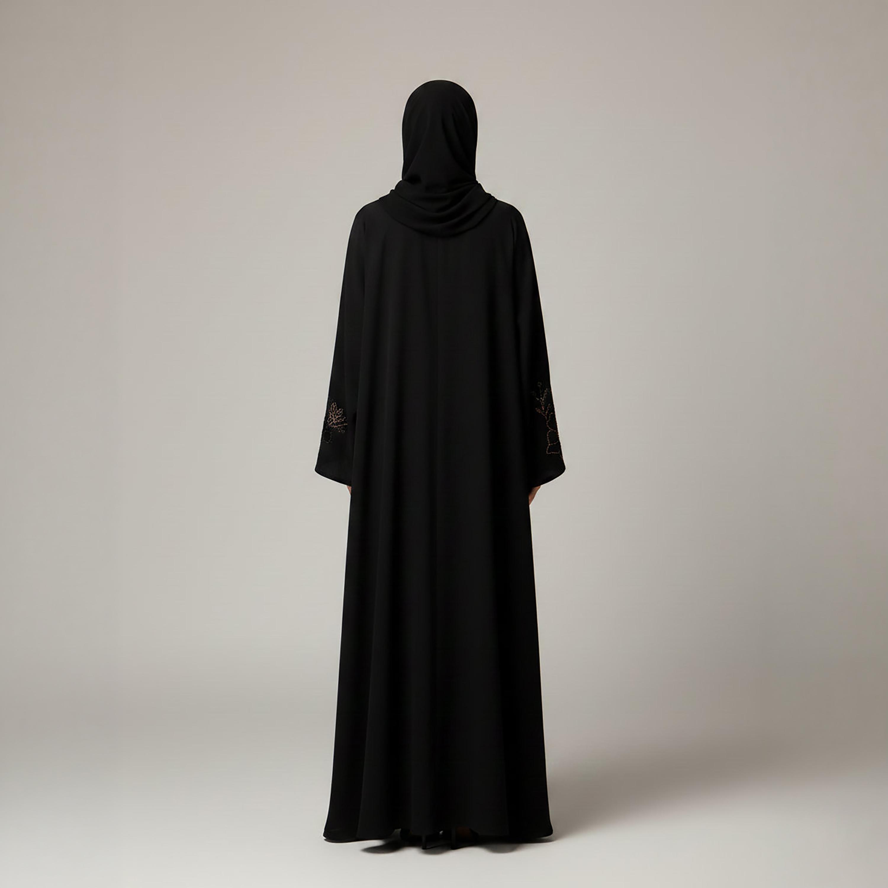 Msquare Fashion Black Handwork Floral Embroidered Flared Sleeves Nida Women's Abaya with Hijab-women-arabicclothing-abayas-image-5