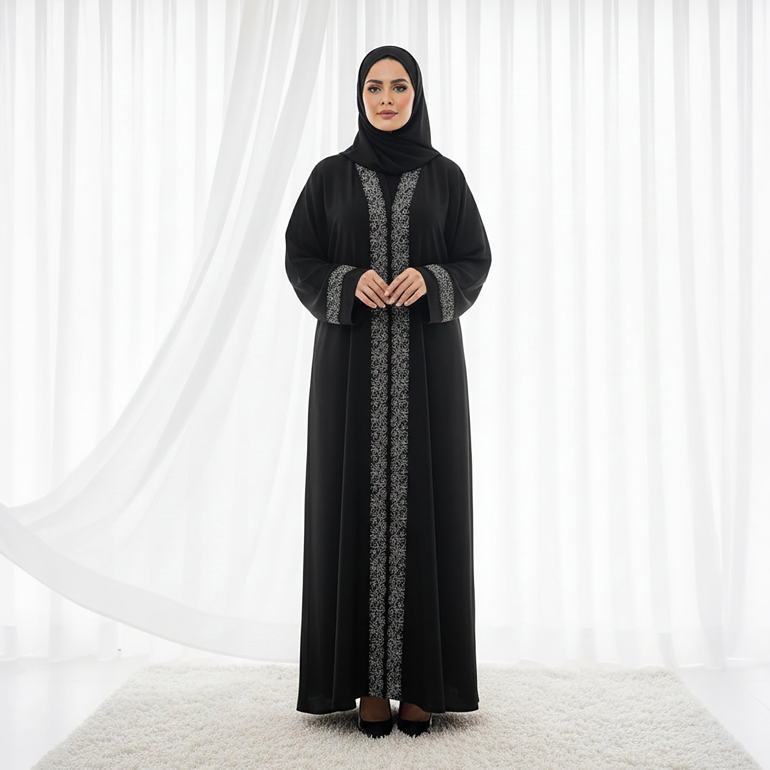 Msquare Fashion Black Embroidered Nida Women's Flared Abaya with Hijab-women-arabicclothing-abayas-image-1