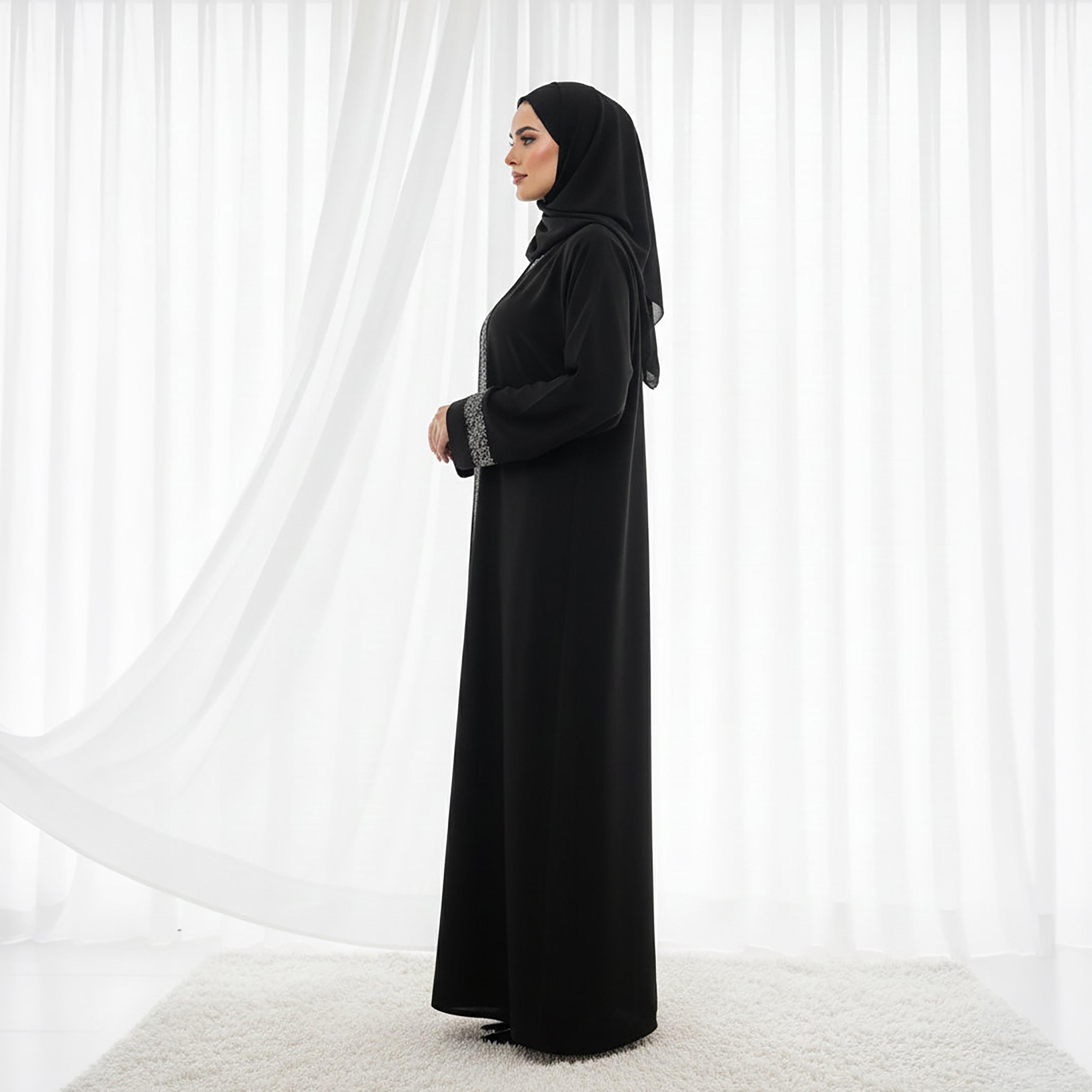Msquare Fashion Black Embroidered Nida Women's Flared Abaya with Hijab-women-arabicclothing-abayas-image-2