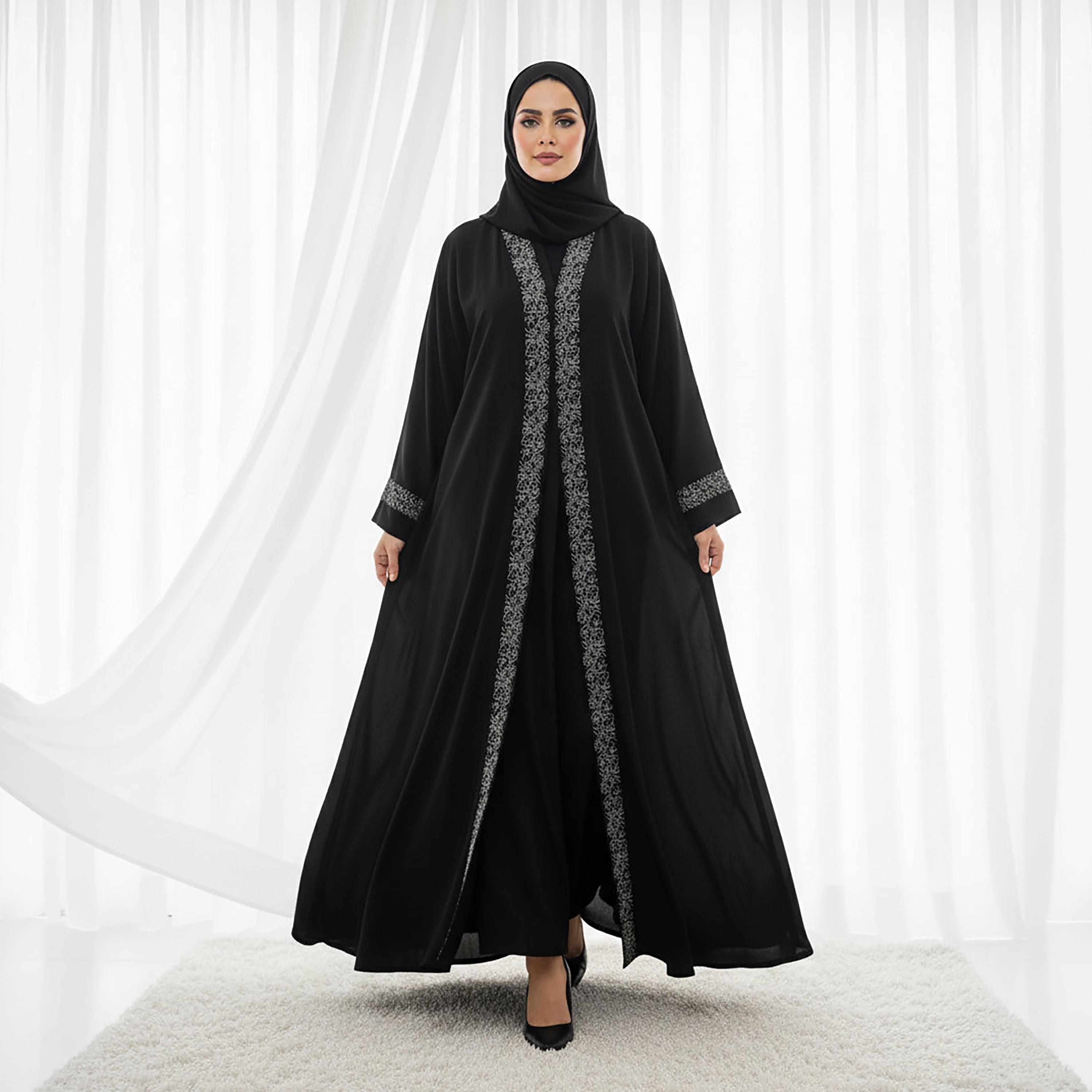 Msquare Fashion Black Embroidered Nida Women's Flared Abaya with Hijab-women-arabicclothing-abayas-image-3