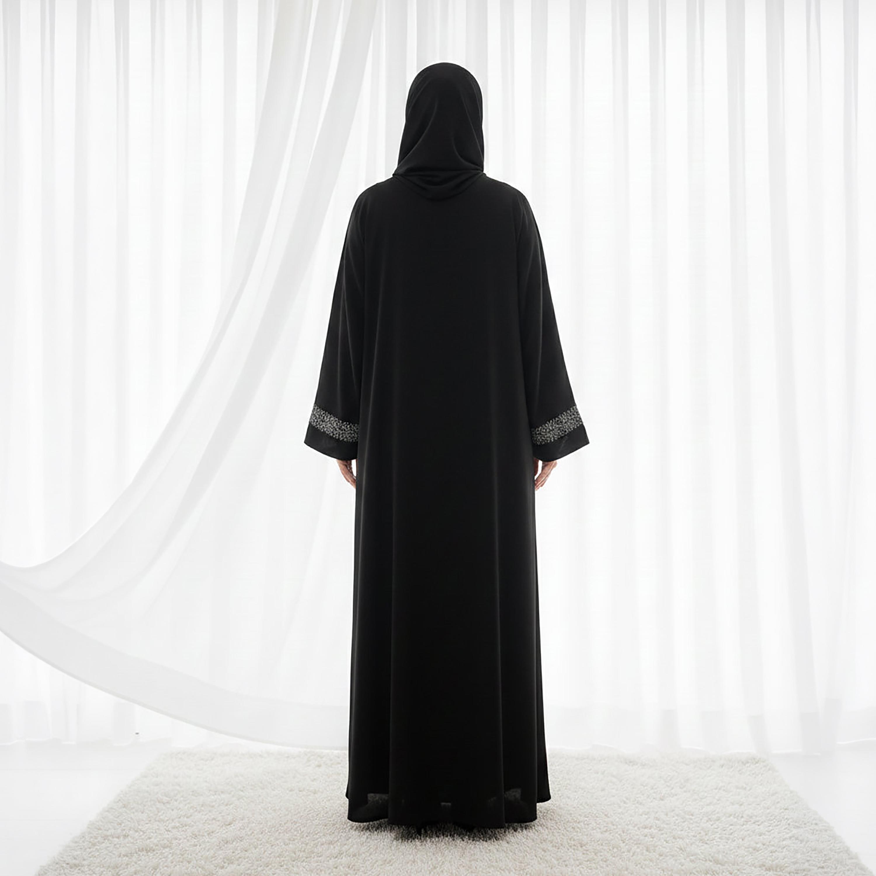 Msquare Fashion Black Embroidered Nida Women's Flared Abaya with Hijab-women-arabicclothing-abayas-image-4
