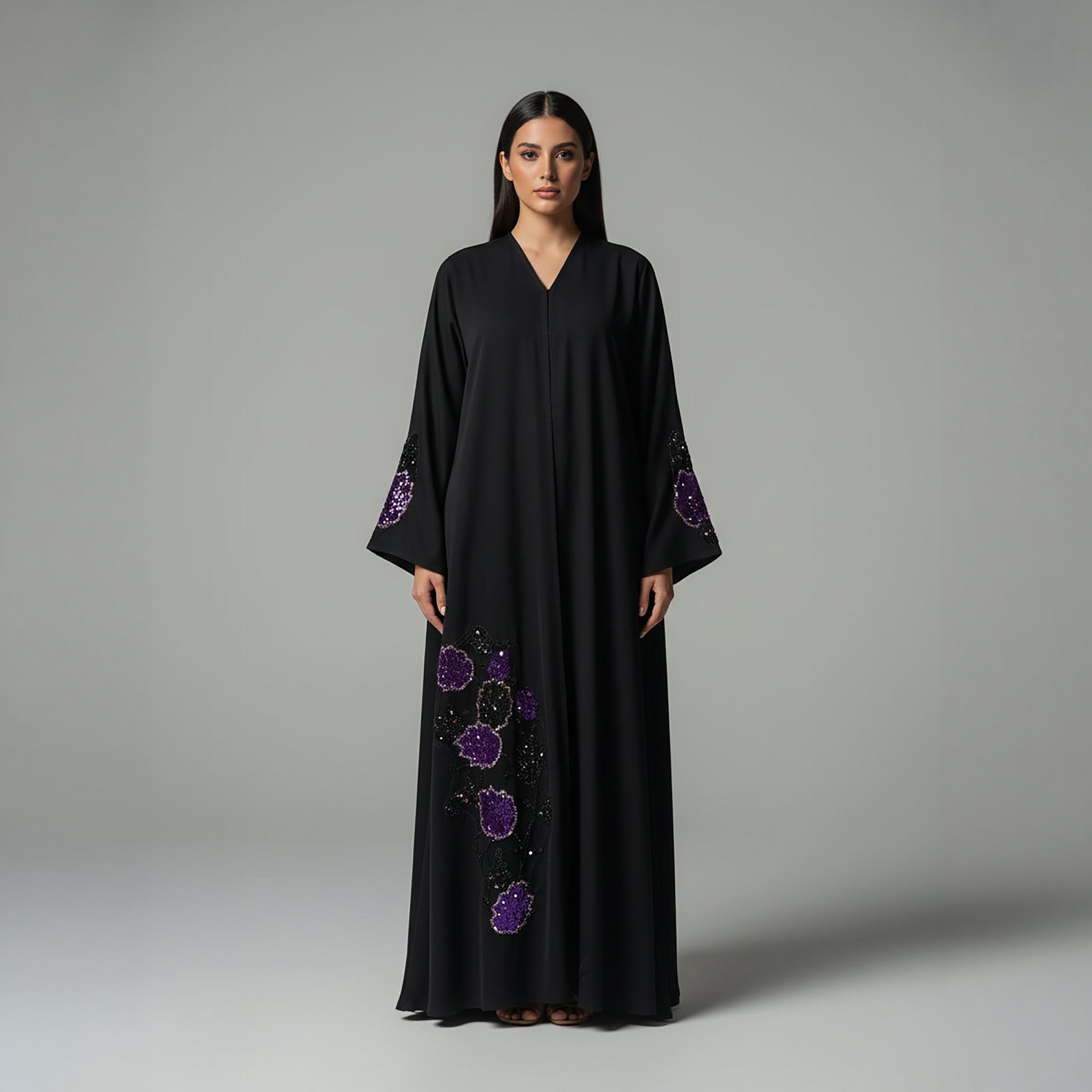 Msquare Fashion Black Sequin Floral Handwork Nida Women's Korean Abaya-women-arabicclothing-abayas-image-1
