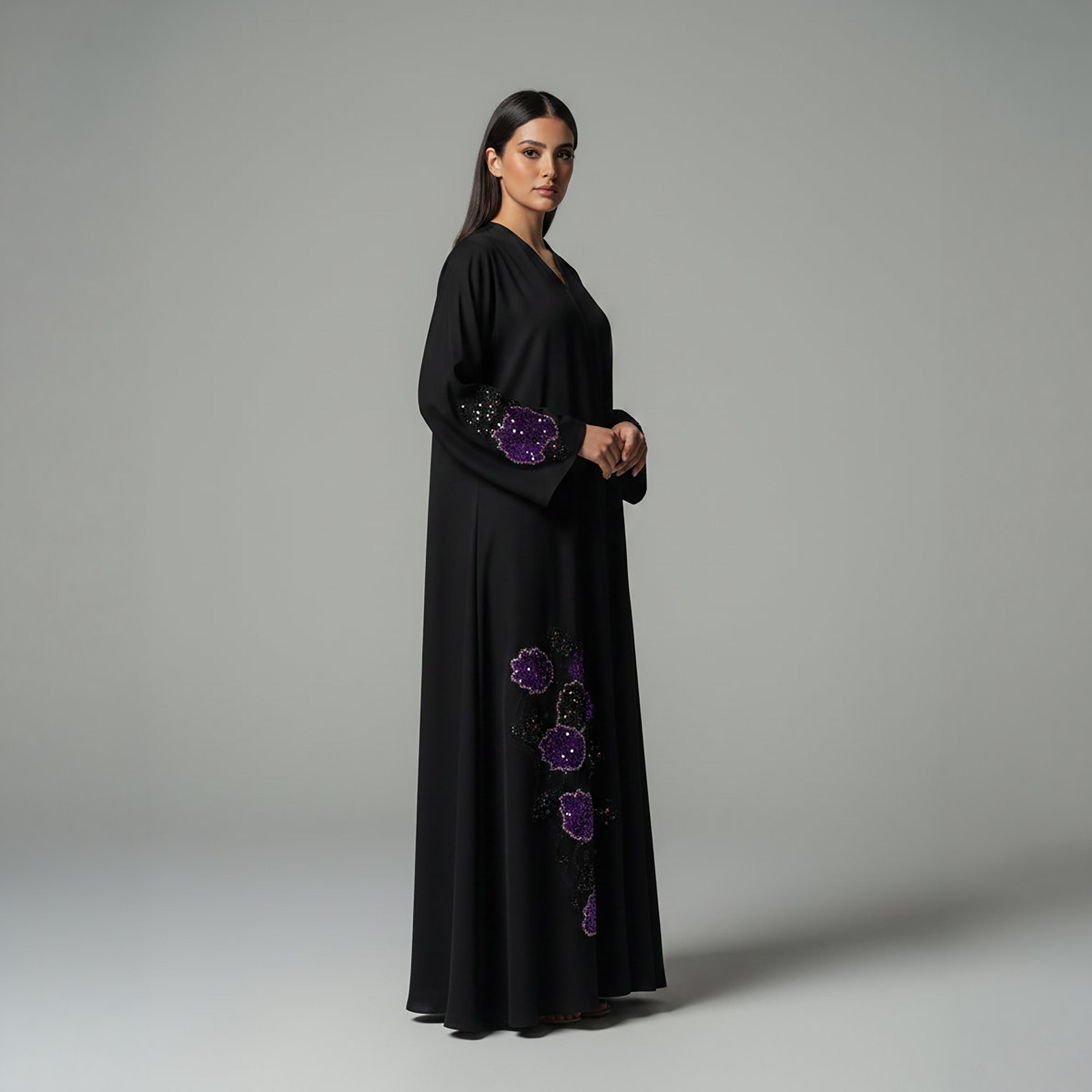 Msquare Fashion Black Sequin Floral Handwork Nida Women's Korean Abaya-women-arabicclothing-abayas-image-3