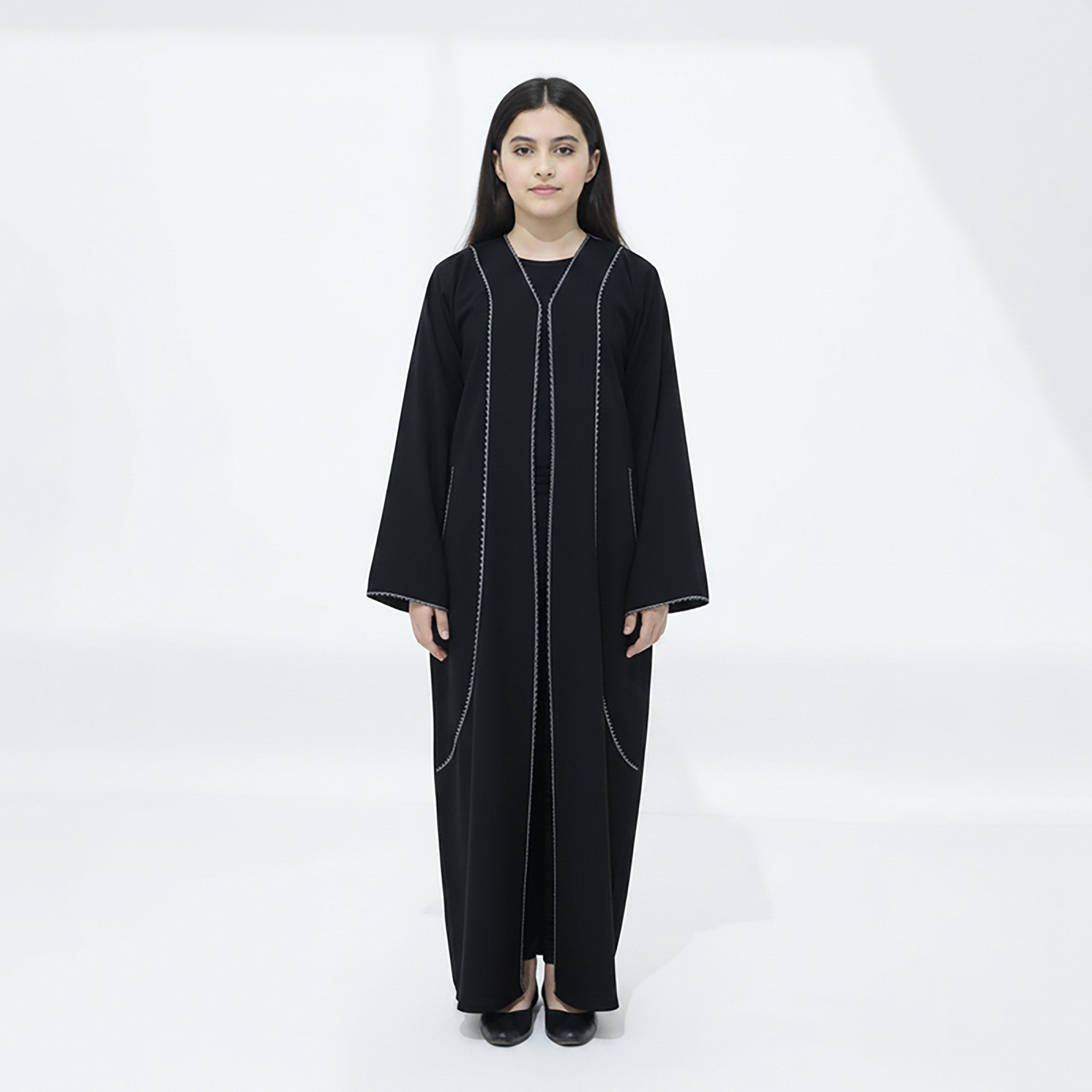 Msquare Fashion Contrast Piping Wide Sleeves Silk Girls Abaya-girls-arabicclothing-abayas-image-1
