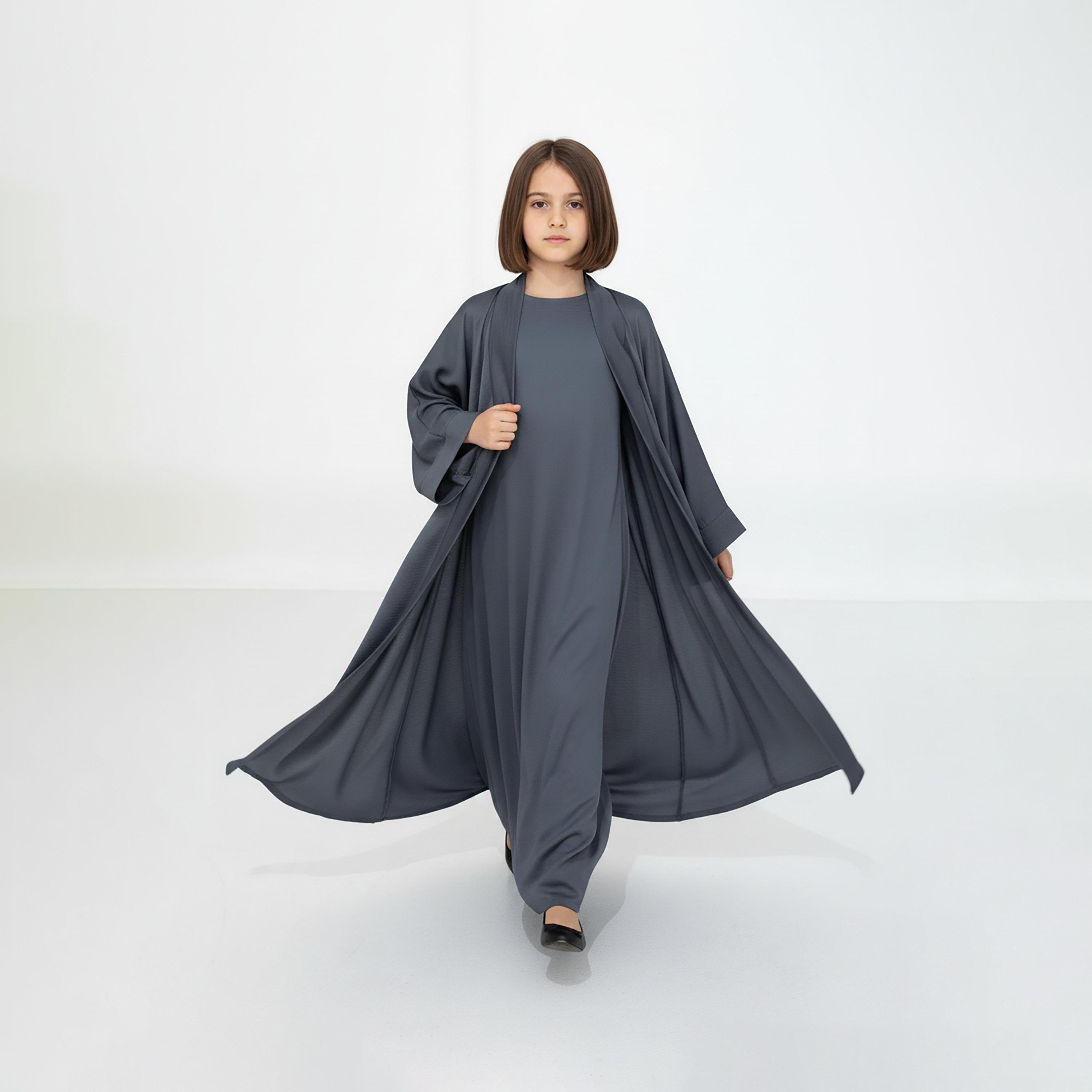 Msquare Fashion 3-Piece Textured Kimono Sleeves Silk Girls Abaya Set-girls-arabicclothing-abayas-image-3