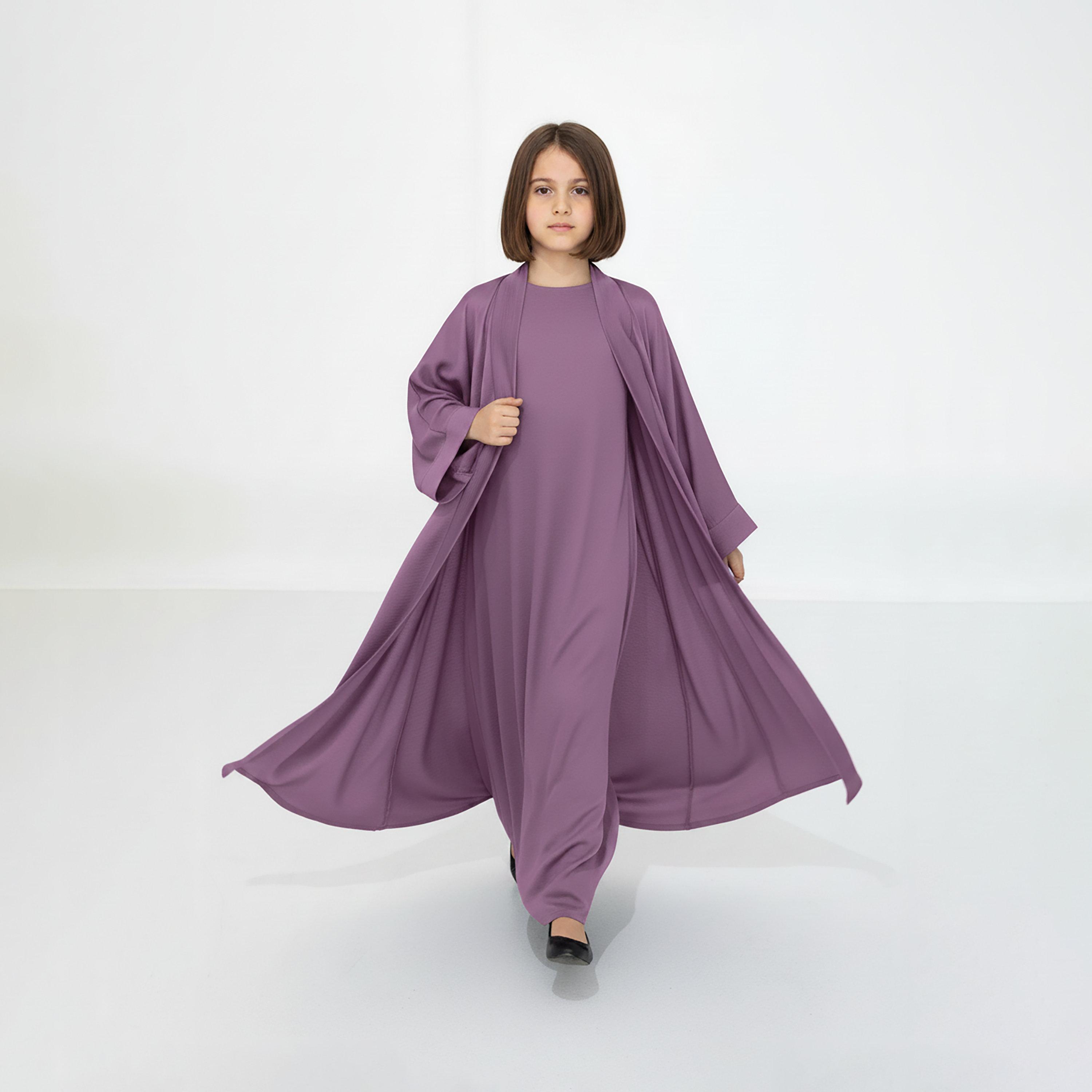 Msquare Fashion 3-Piece Textured Kimono Sleeves Silk Girls Abaya Set-girls-arabicclothing-abayas-image-3