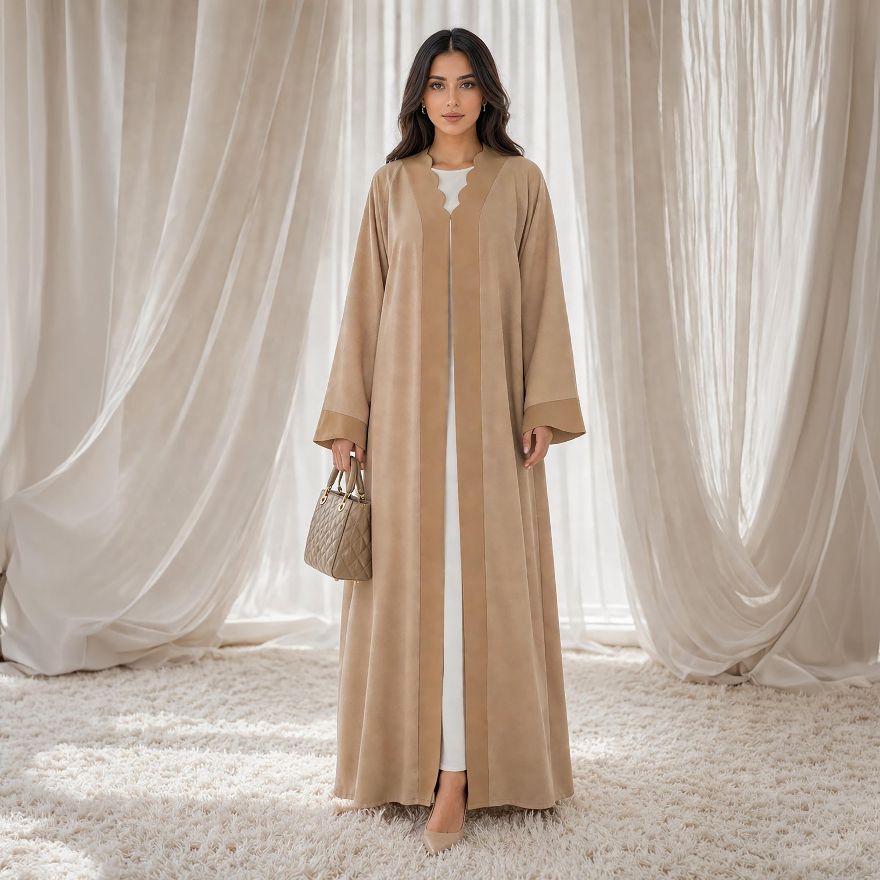 Msquare Fashion Brown Scalloped Trim Barbie Crepe Women's Abaya-women-arabicclothing-abayas-image-1