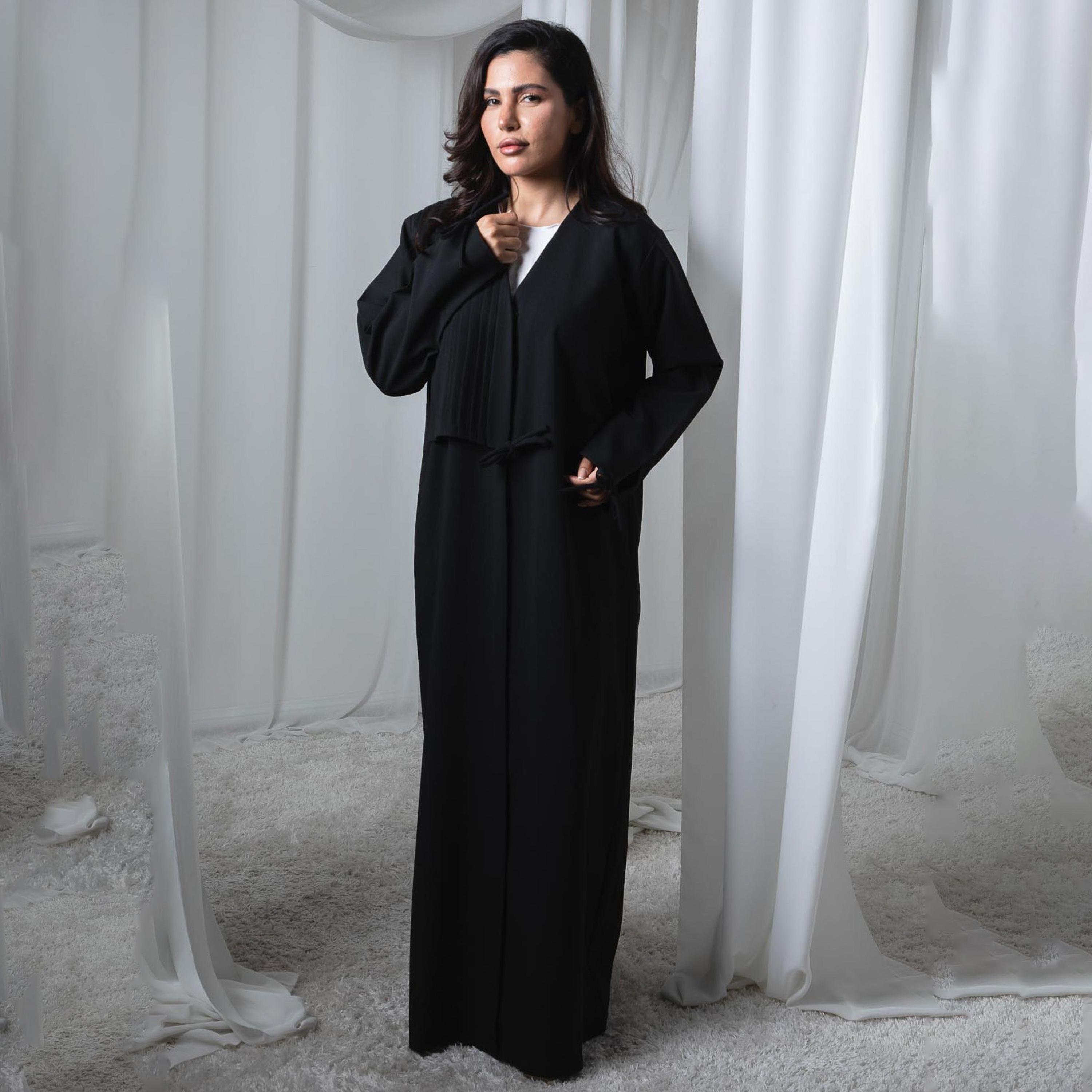 Msquare Fashion Black Bow-Tie Sleeves Pleated Women's Abaya-women-arabicclothing-abayas-image-1