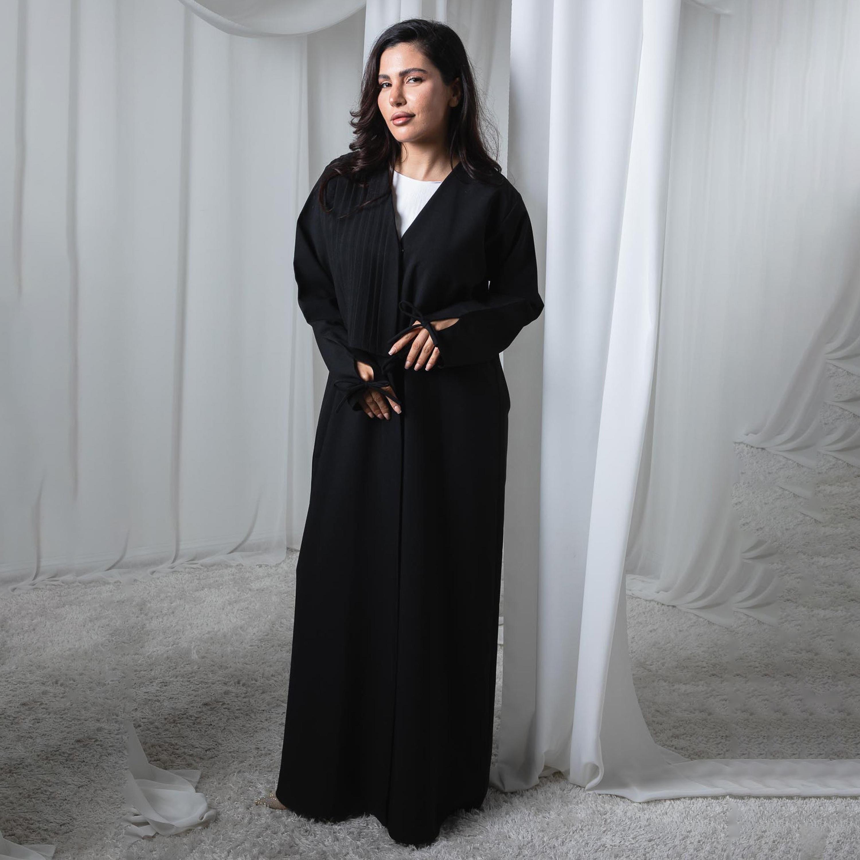 Msquare Fashion Black Bow-Tie Sleeves Pleated Women's Abaya-women-arabicclothing-abayas-image-3