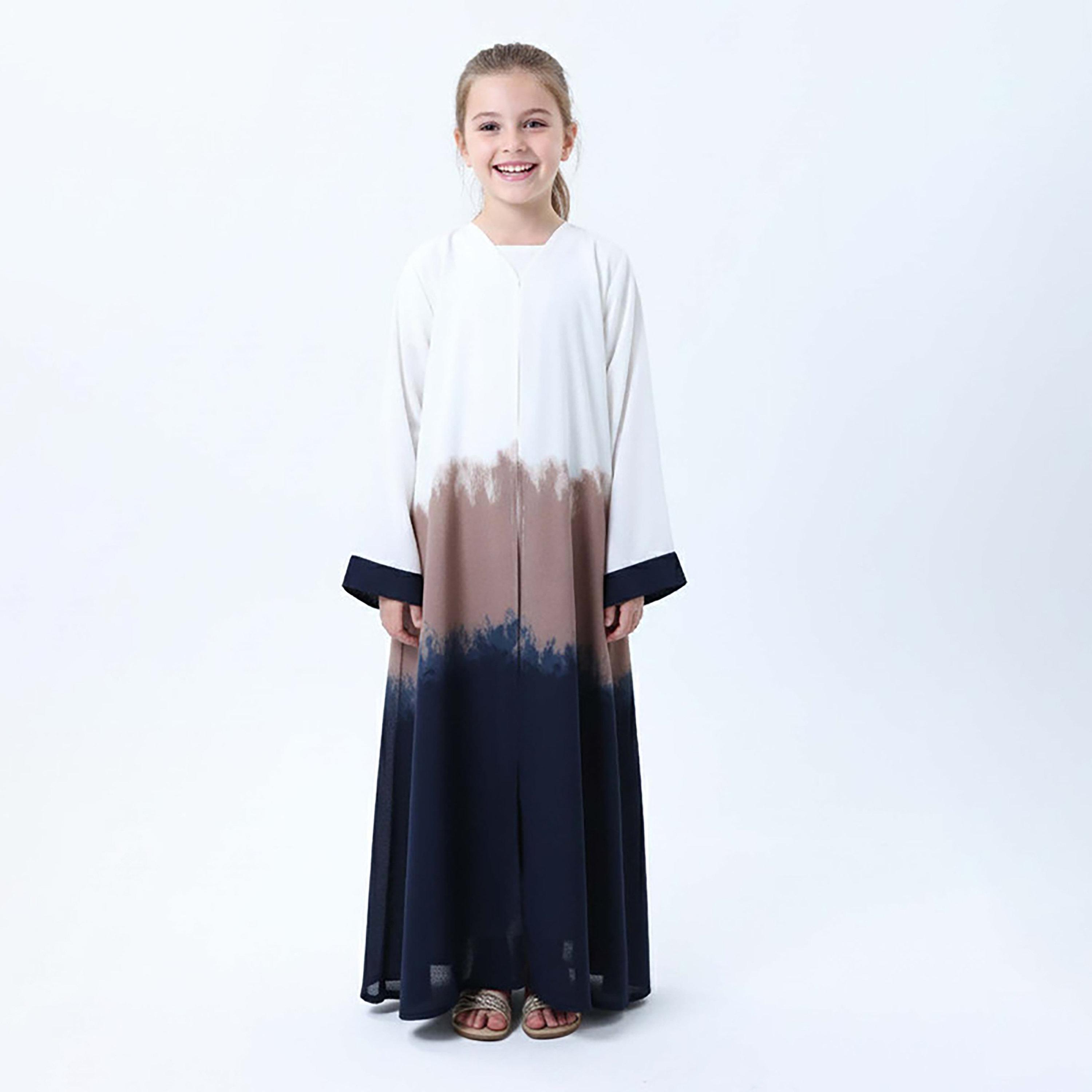Msquare Fashion White Ombre Contrast Cuffed CEY Girls Abaya with Hijab-girls-arabicclothing-abayas-image-1