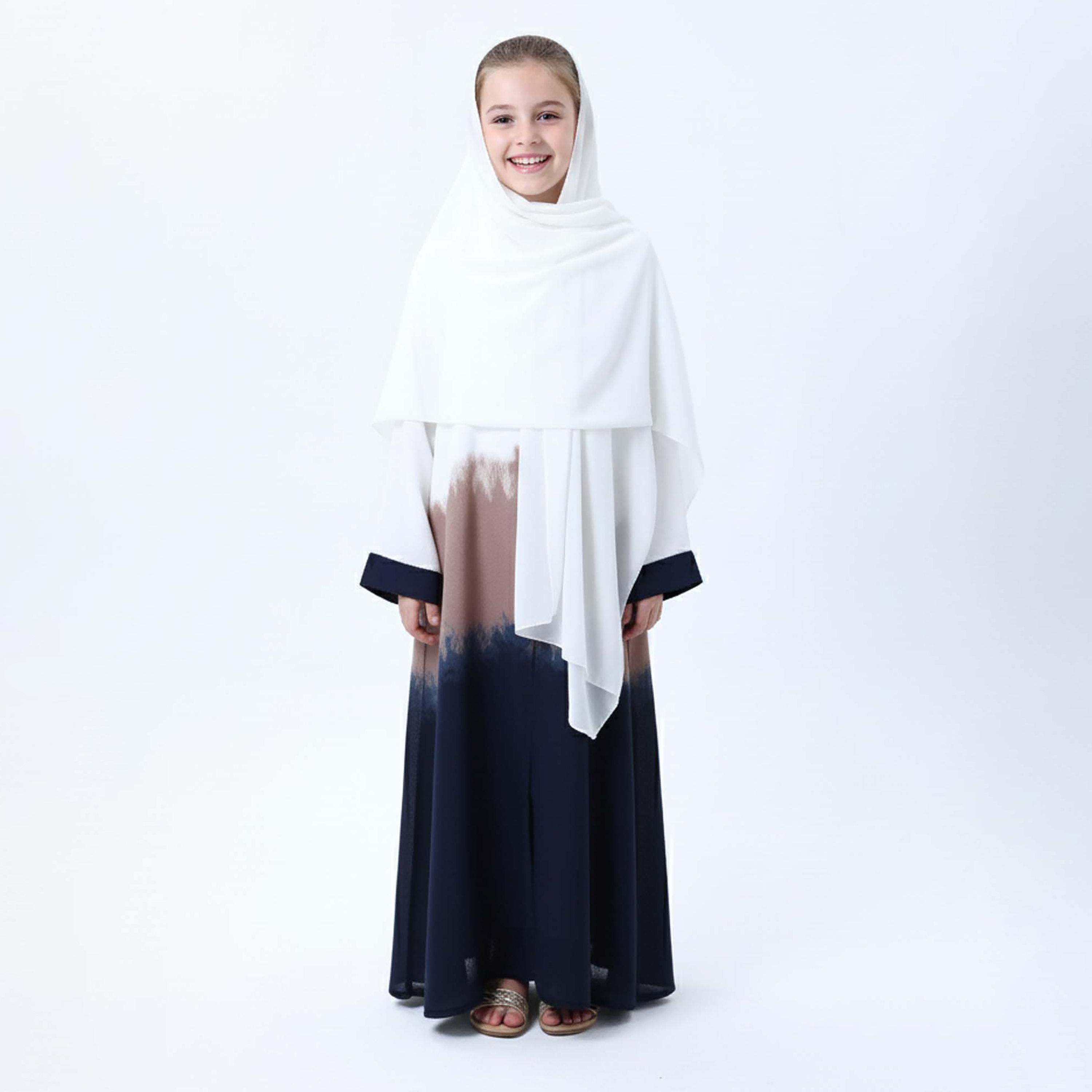 Msquare Fashion White Ombre Contrast Cuffed CEY Girls Abaya with Hijab-girls-arabicclothing-abayas-image-4