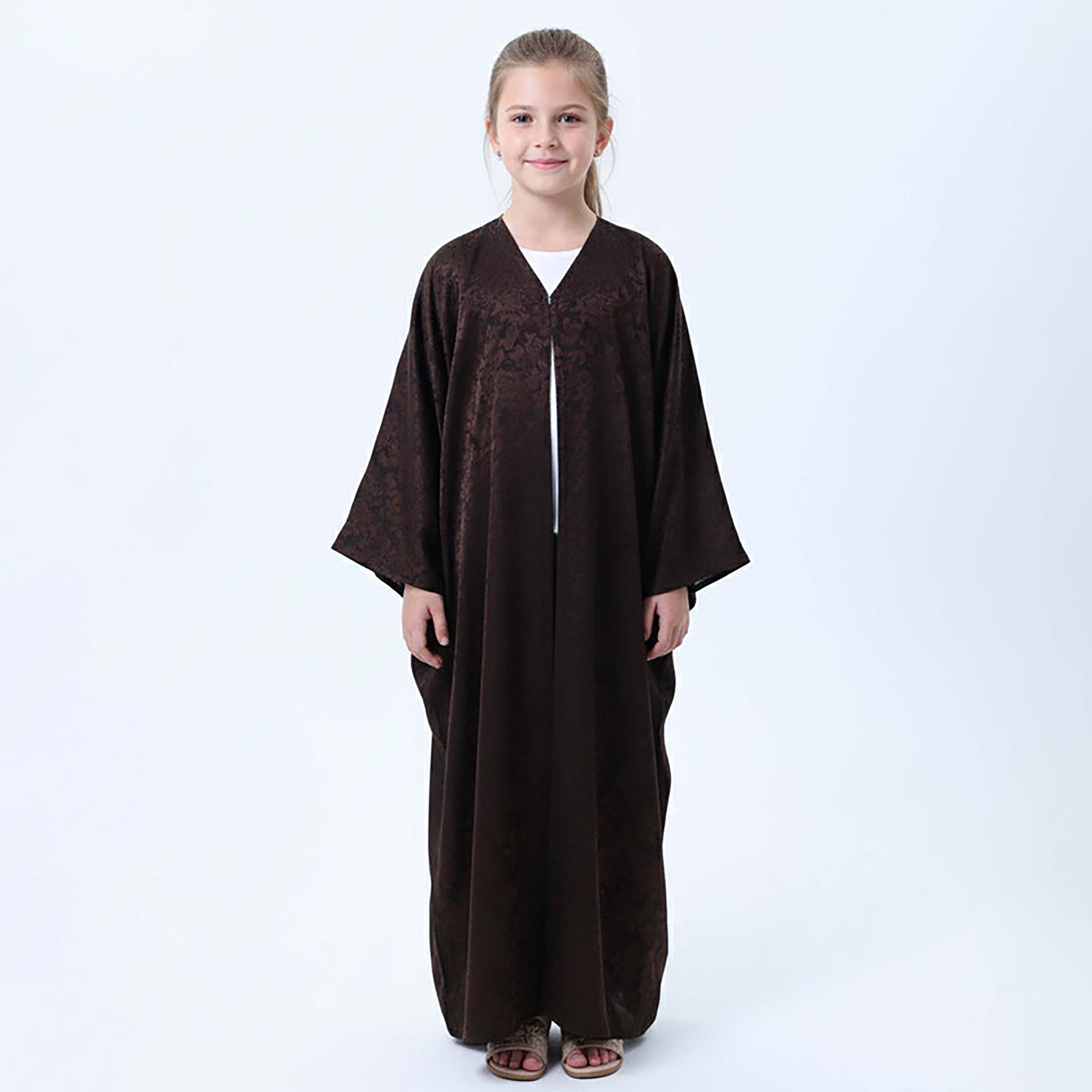 Msquare Fashion Brown Self Design Wide Sleeves Silk Girls Abaya-girls-arabicclothing-abayas-image-1