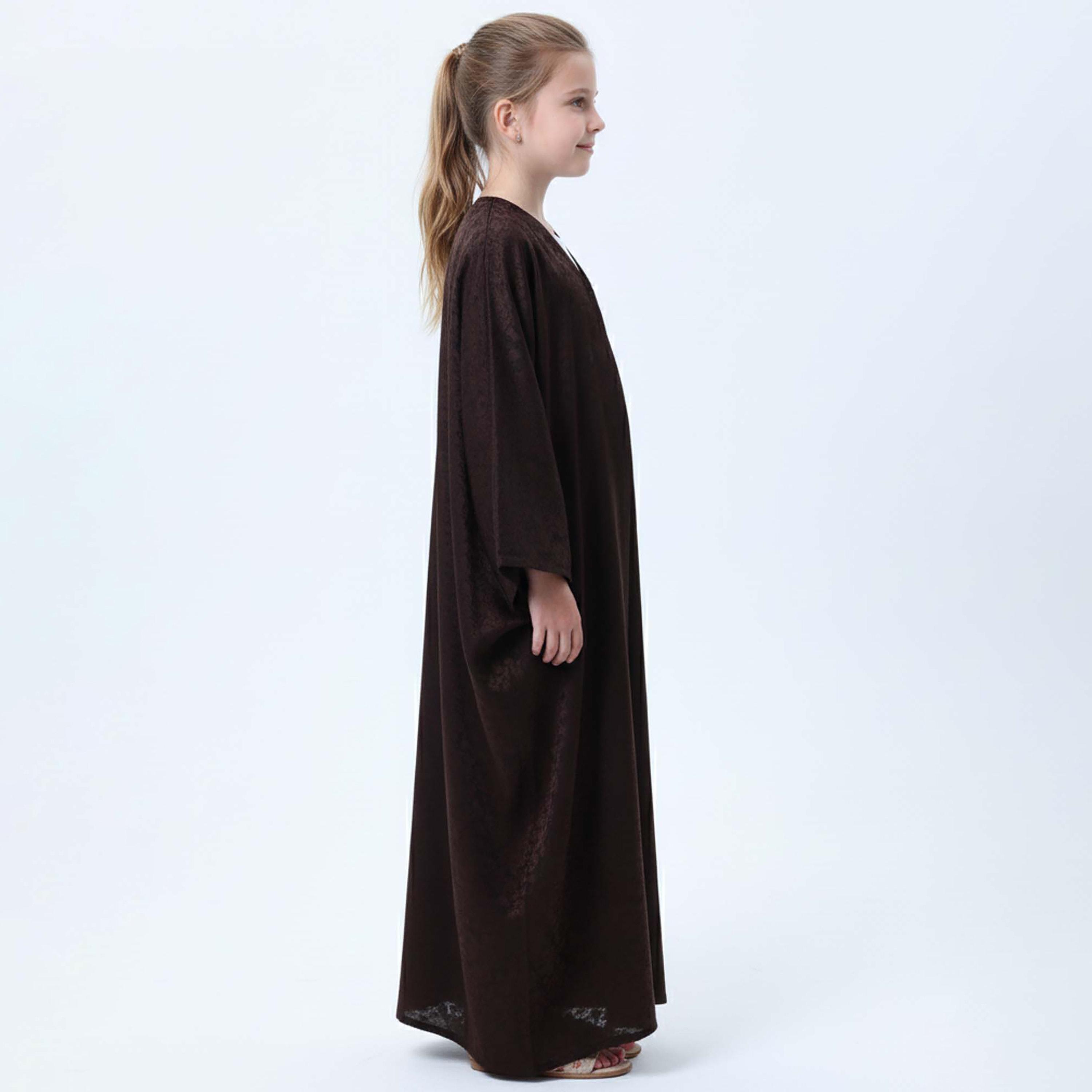 Msquare Fashion Brown Self Design Wide Sleeves Silk Girls Abaya-girls-arabicclothing-abayas-image-2
