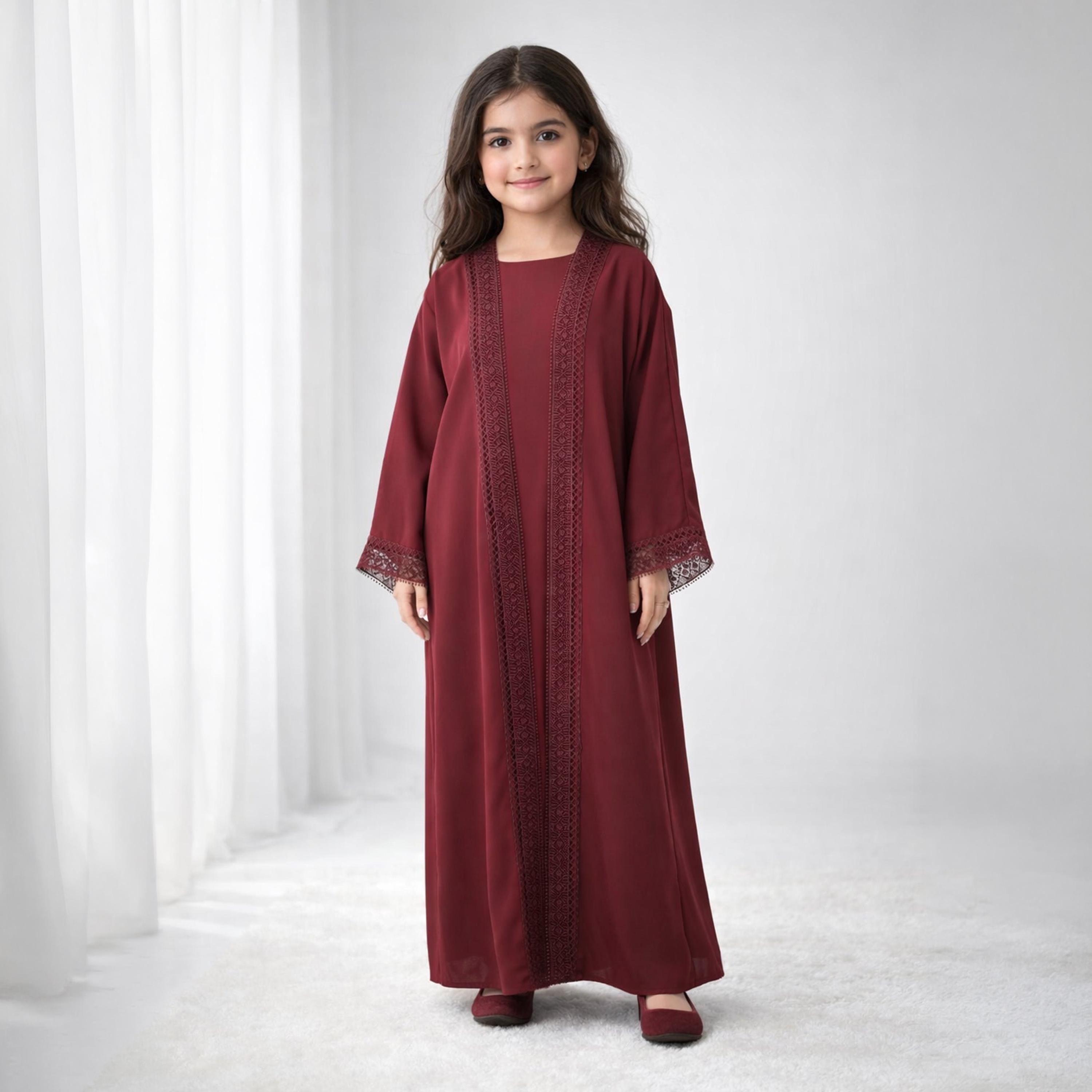 Msquare Fashion Maroon Lace Trim Wide Sleeves Silk Girls Abaya-girls-arabicclothing-abayas-image-1