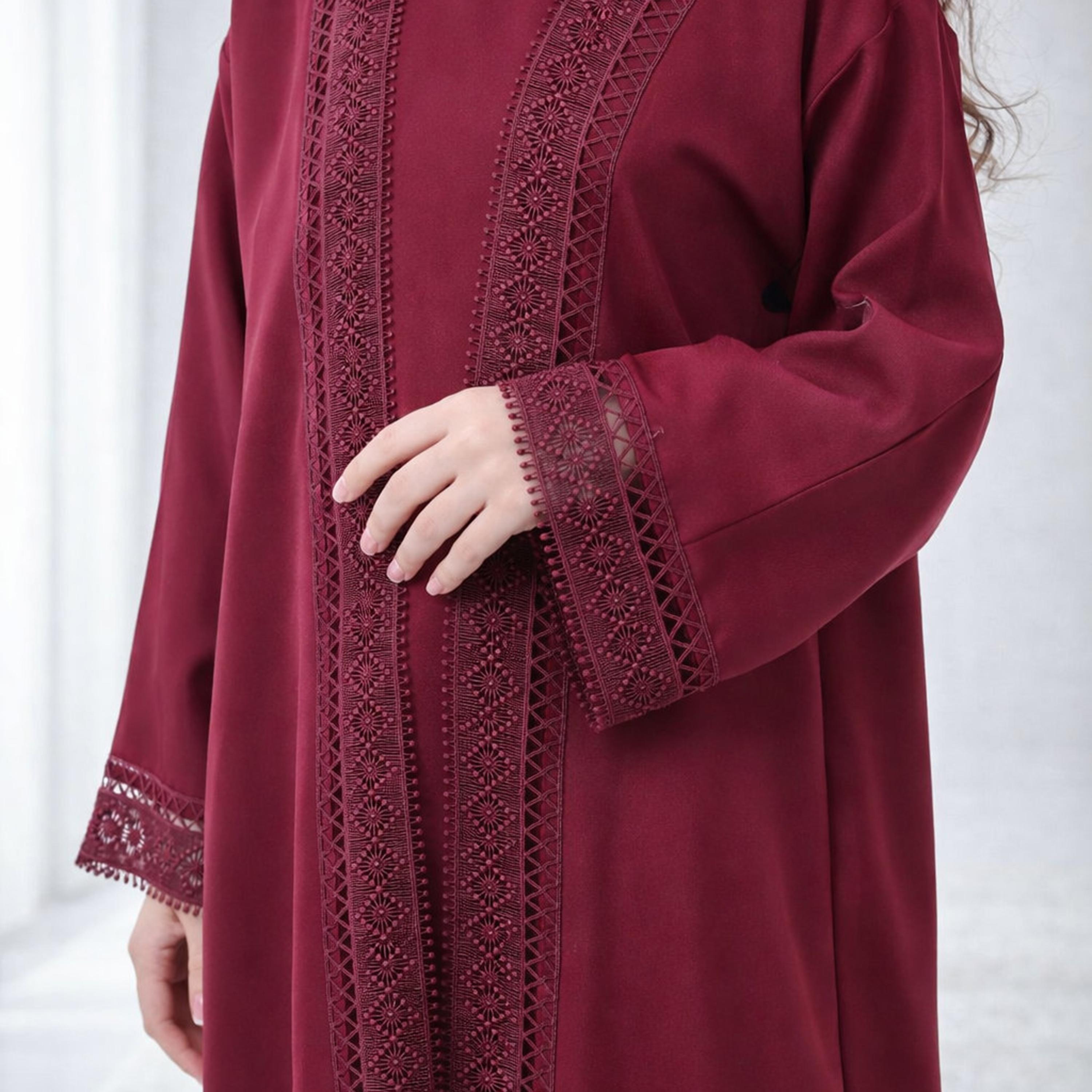Msquare Fashion Maroon Lace Trim Wide Sleeves Silk Girls Abaya-girls-arabicclothing-abayas-image-2