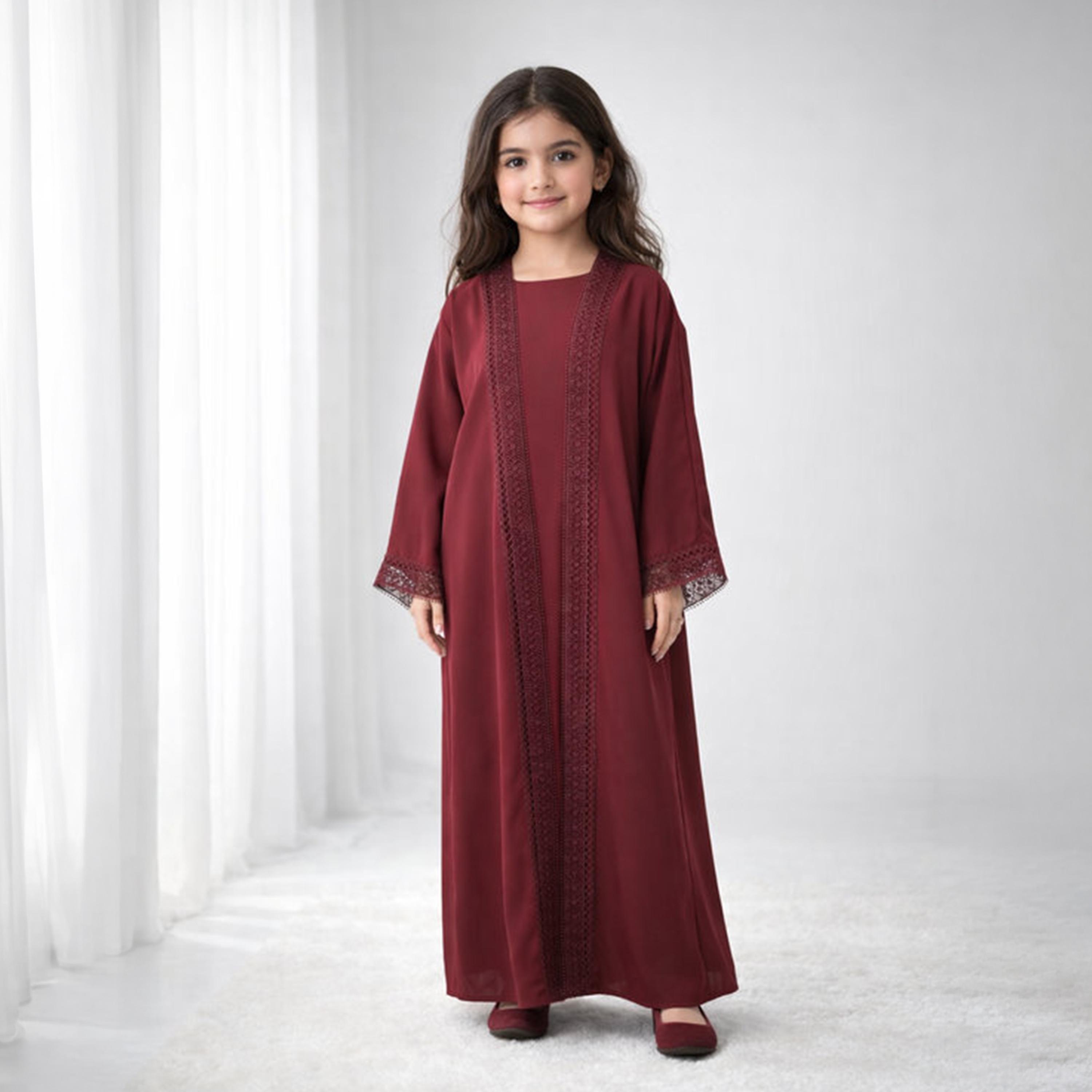 Msquare Fashion Maroon Lace Trim Wide Sleeves Silk Girls Abaya-girls-arabicclothing-abayas-image-3