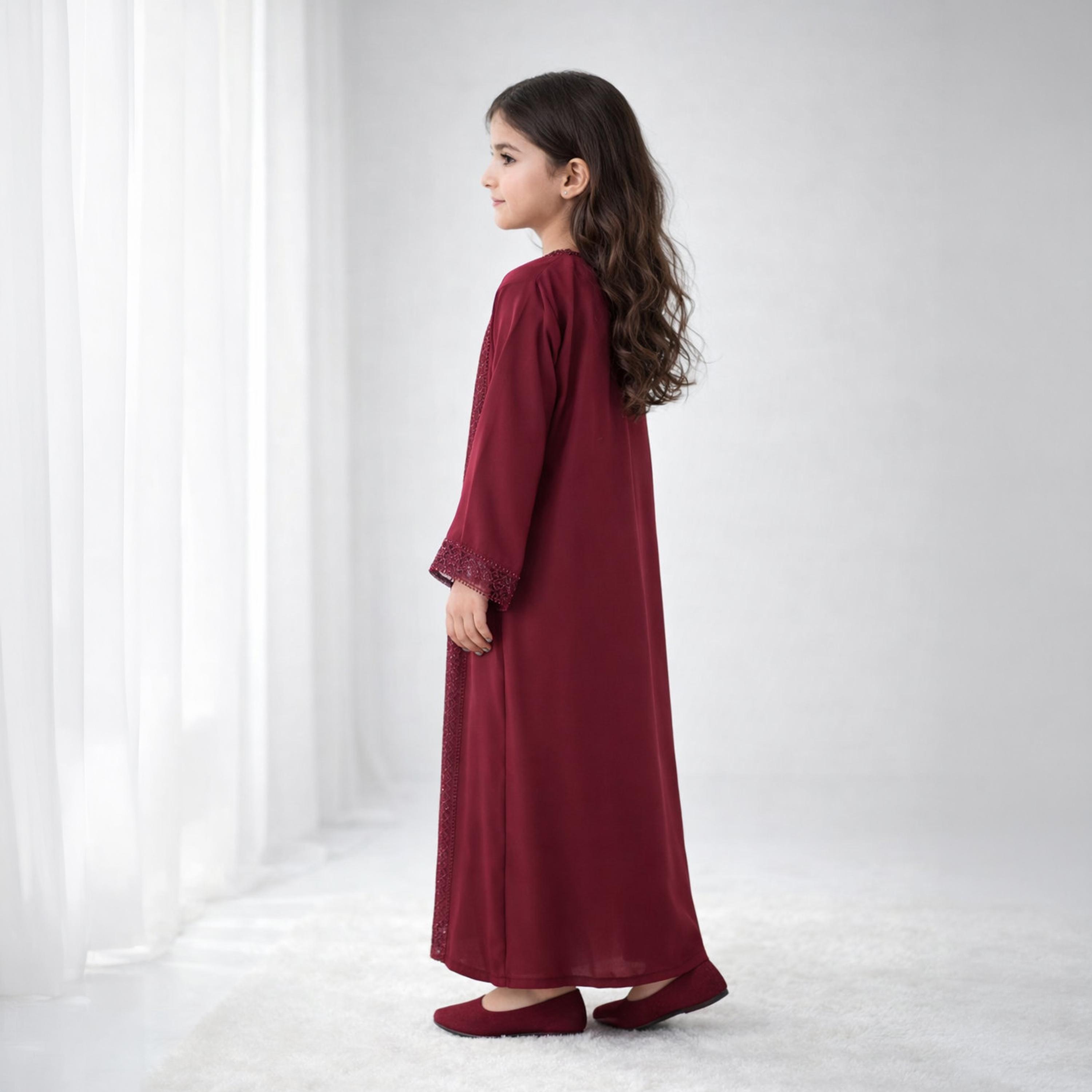Msquare Fashion Maroon Lace Trim Wide Sleeves Silk Girls Abaya-girls-arabicclothing-abayas-image-4