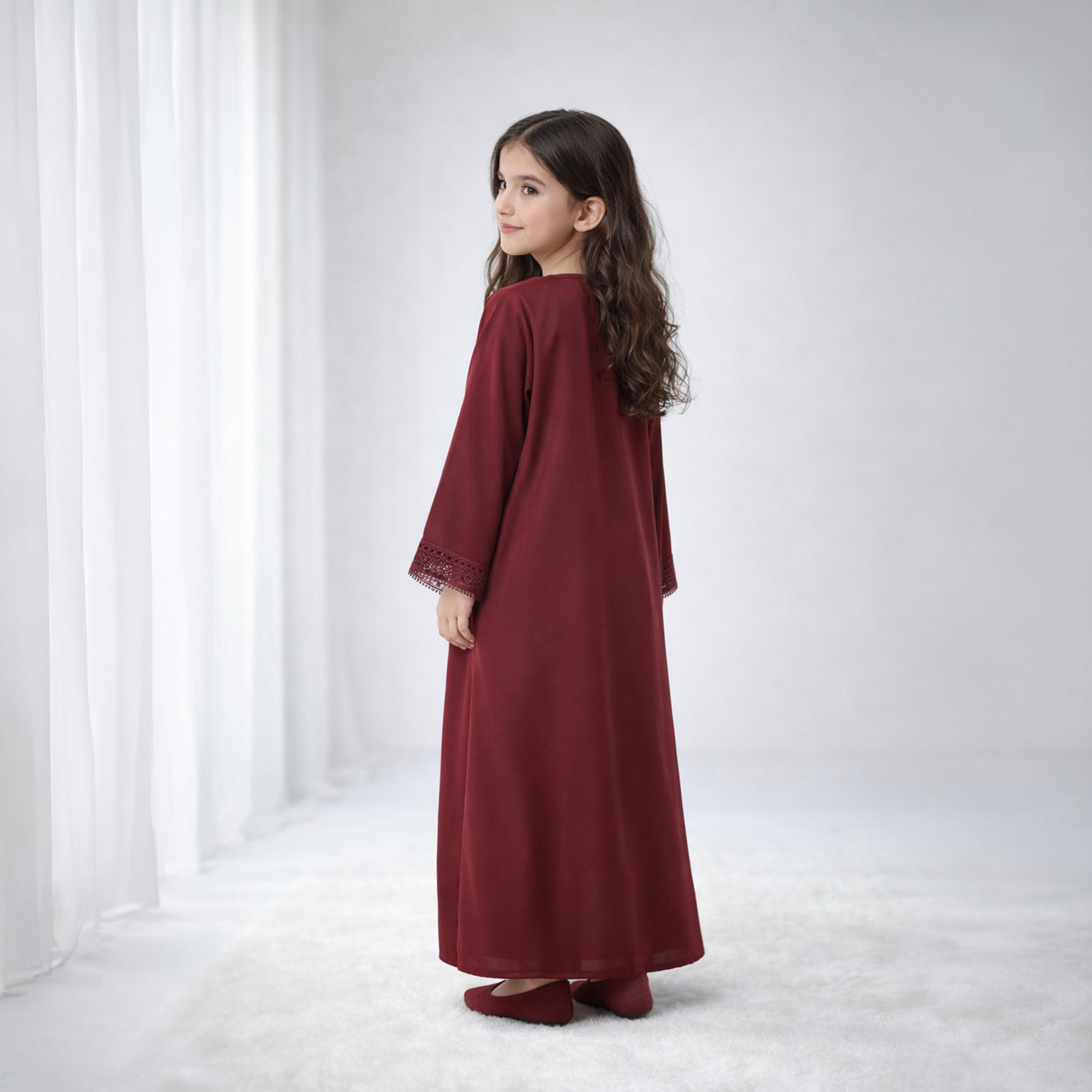 Msquare Fashion Maroon Lace Trim Wide Sleeves Silk Girls Abaya-girls-arabicclothing-abayas-image-5