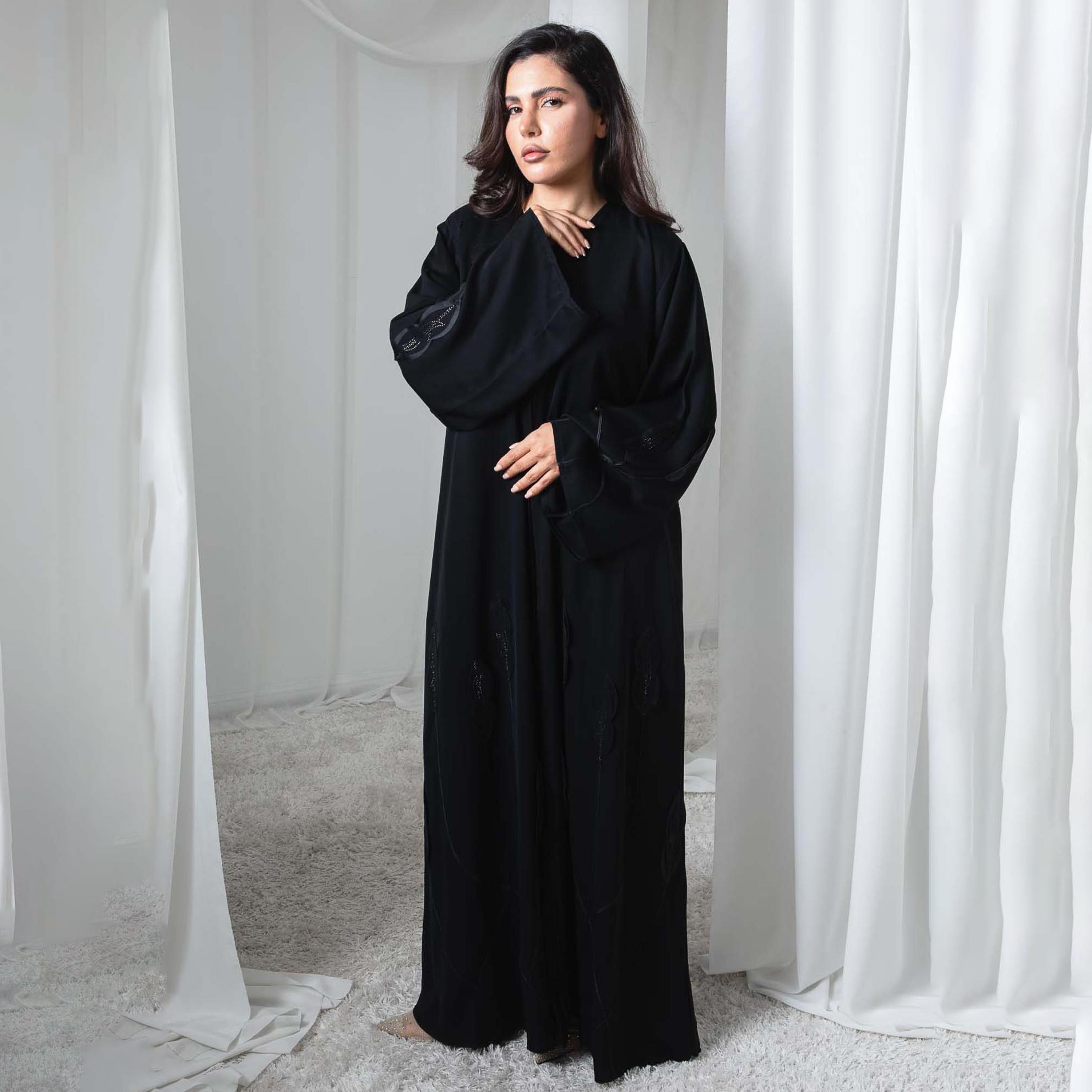 Msquare Fashion Black Applique Leaf Flared Sleeves Nida Women's Abaya-women-arabicclothing-abayas-image-1