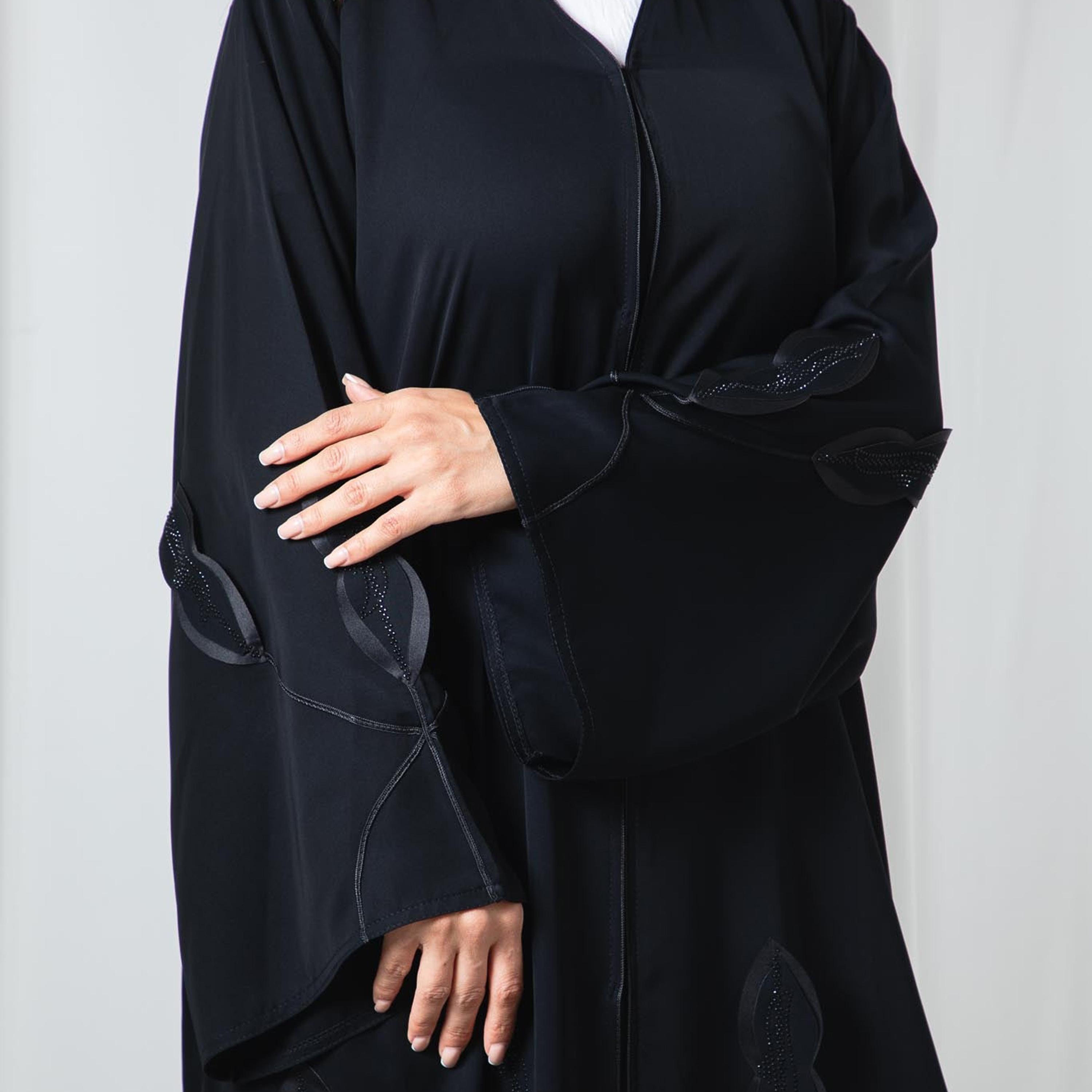 Msquare Fashion Black Applique Leaf Flared Sleeves Nida Women's Abaya-women-arabicclothing-abayas-image-2