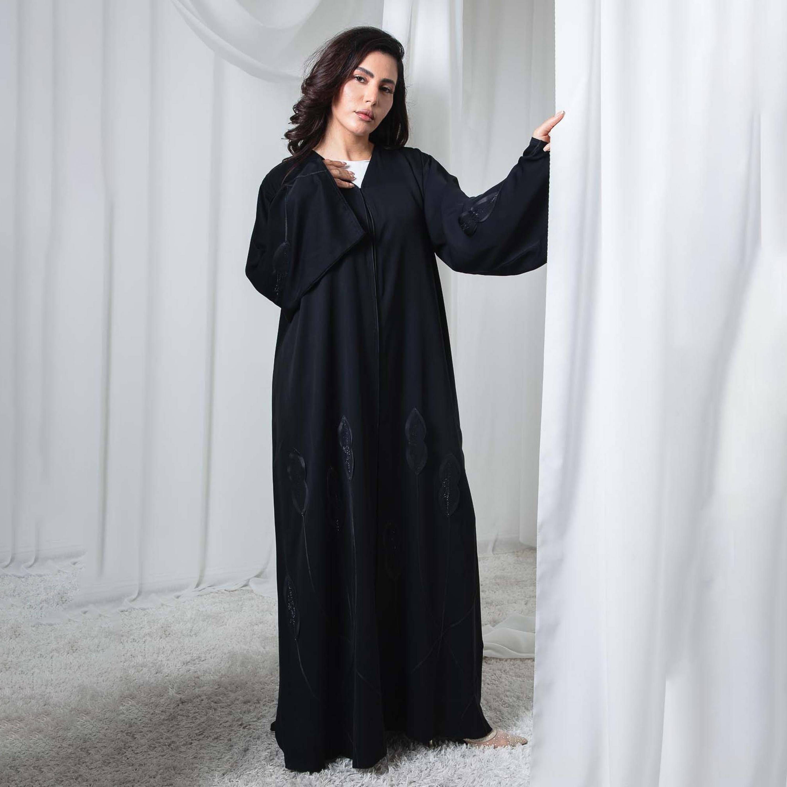 Msquare Fashion Black Applique Leaf Flared Sleeves Nida Women's Abaya-women-arabicclothing-abayas-image-3