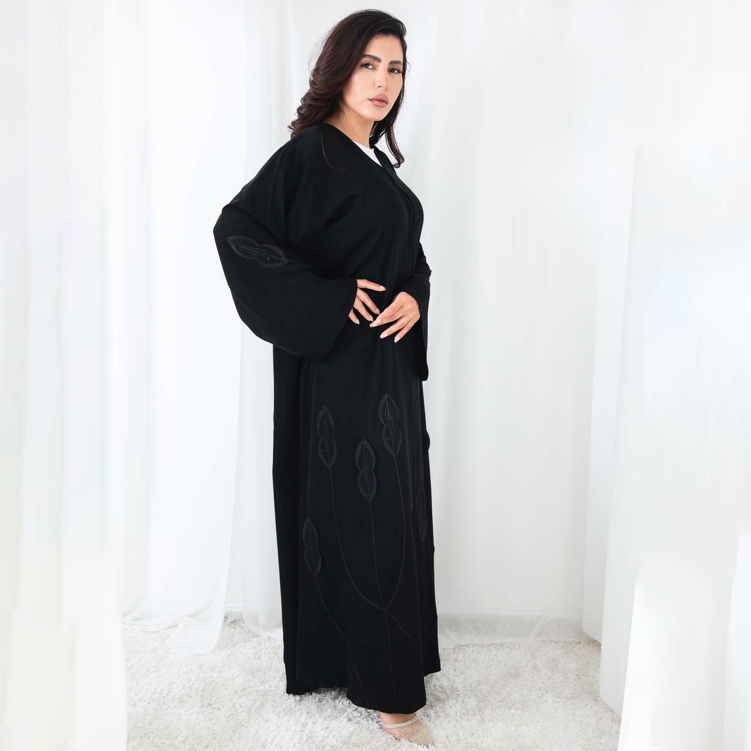 Msquare Fashion Black Applique Leaf Flared Sleeves Nida Women's Abaya-women-arabicclothing-abayas-image-4
