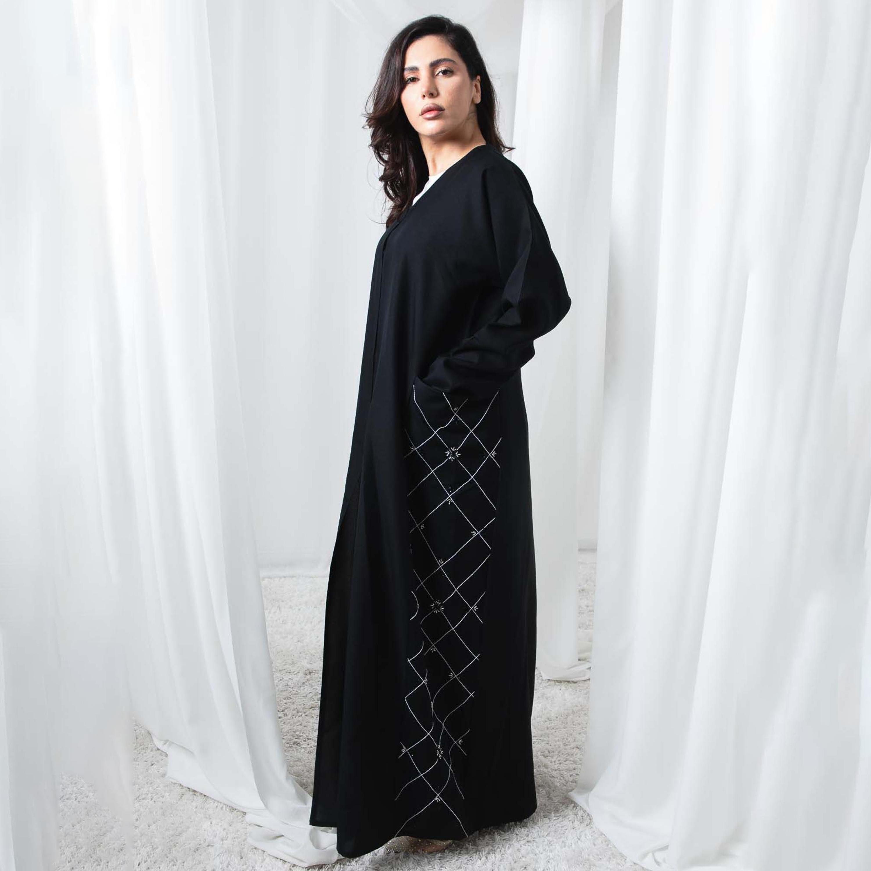 Msquare Fashion Black Embroidered and Embellished Pocket Women's Abaya-women-arabicclothing-abayas-image-1
